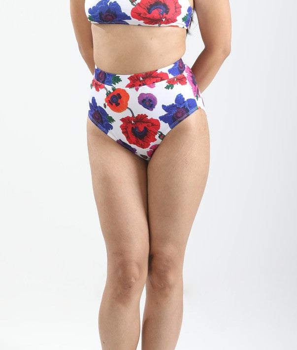 High Waist and High Coverage Bikini Bottom - Poppy White-swimwear-izsi-IZSI