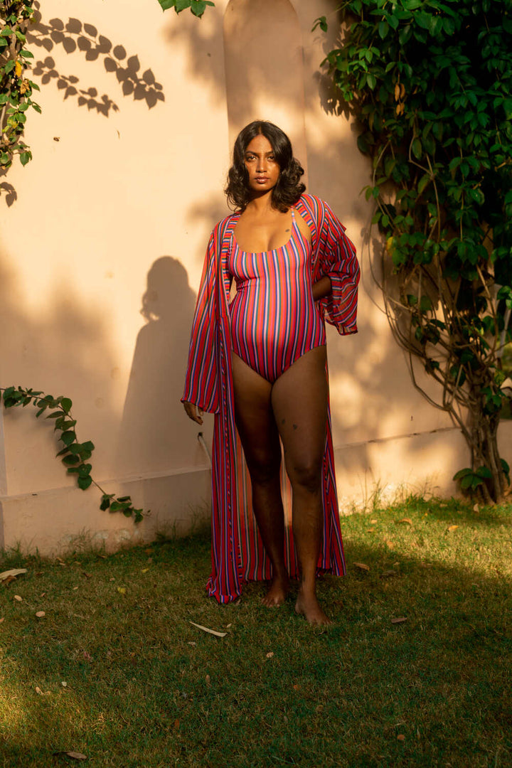 Kaftan with Drawstring Waist - Candy Stripes-Resortwear-izsi-IZSI