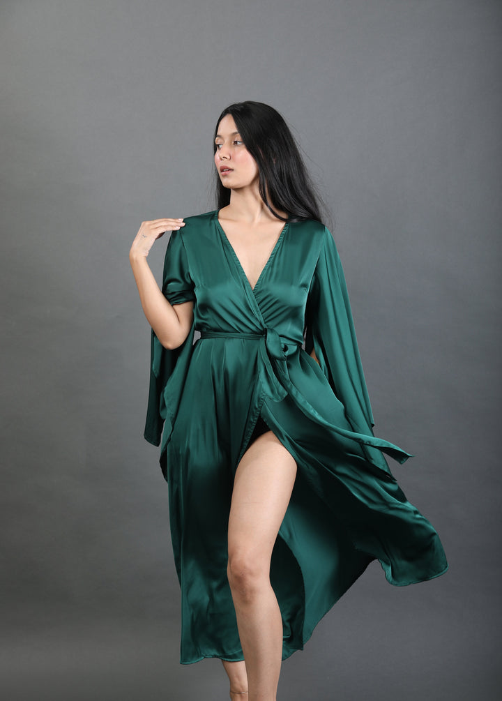 Butterfly Sleeve Wrap around Dress - Emerald Green-izsi-IZSI
