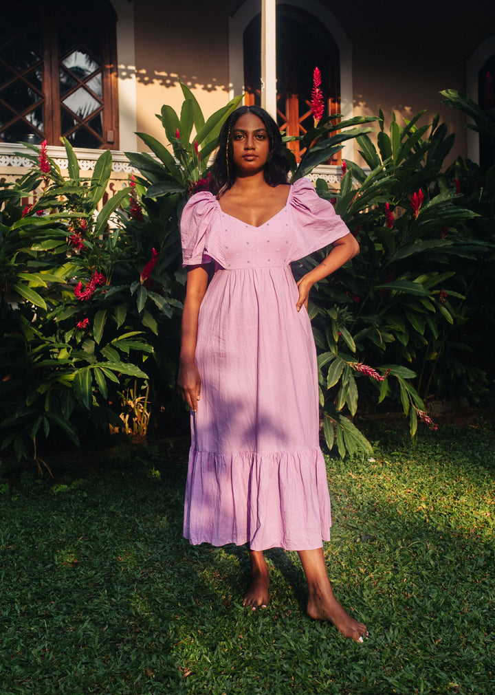 Lavender Hand Embroidered and Shirred Cotton Bell Sleeved Dress-Resortwear-izsi-IZSI