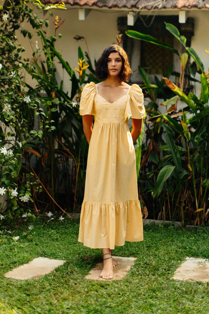 Yellow Hand Embroidered and Shirred Cotton Bell Sleeved Dress-Resortwear-izsi-IZSI