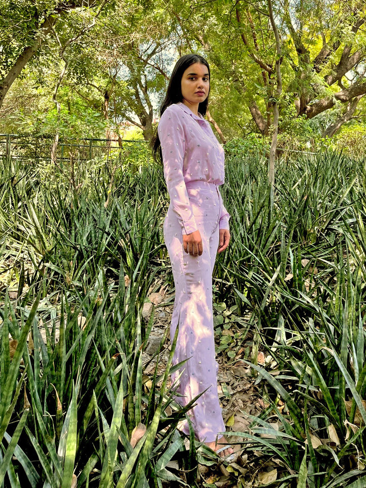 Lavender High Waist Trousers With Hand Embroidery-Resortwear-izsi-IZSI