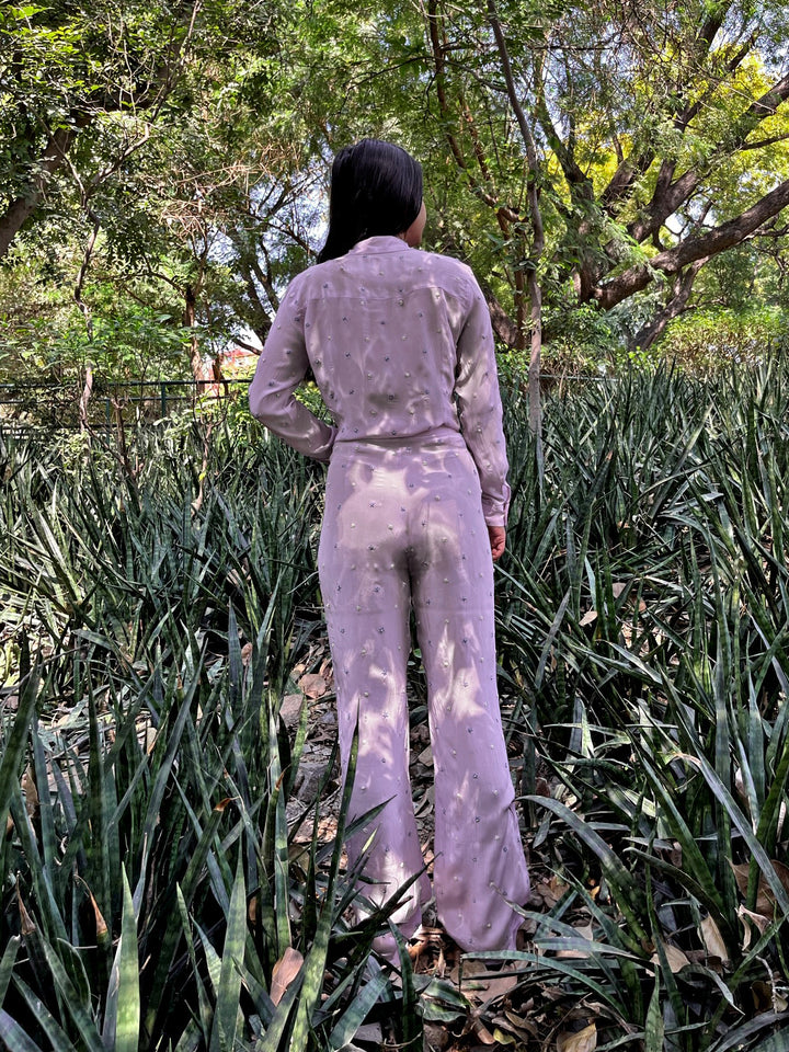 Lavender High Waist Trousers With Hand Embroidery