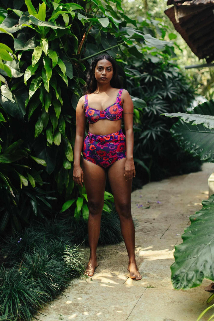 Oriental Poppy High Waist Belted Bikini Bottom-Swimwear-izsi-IZSI