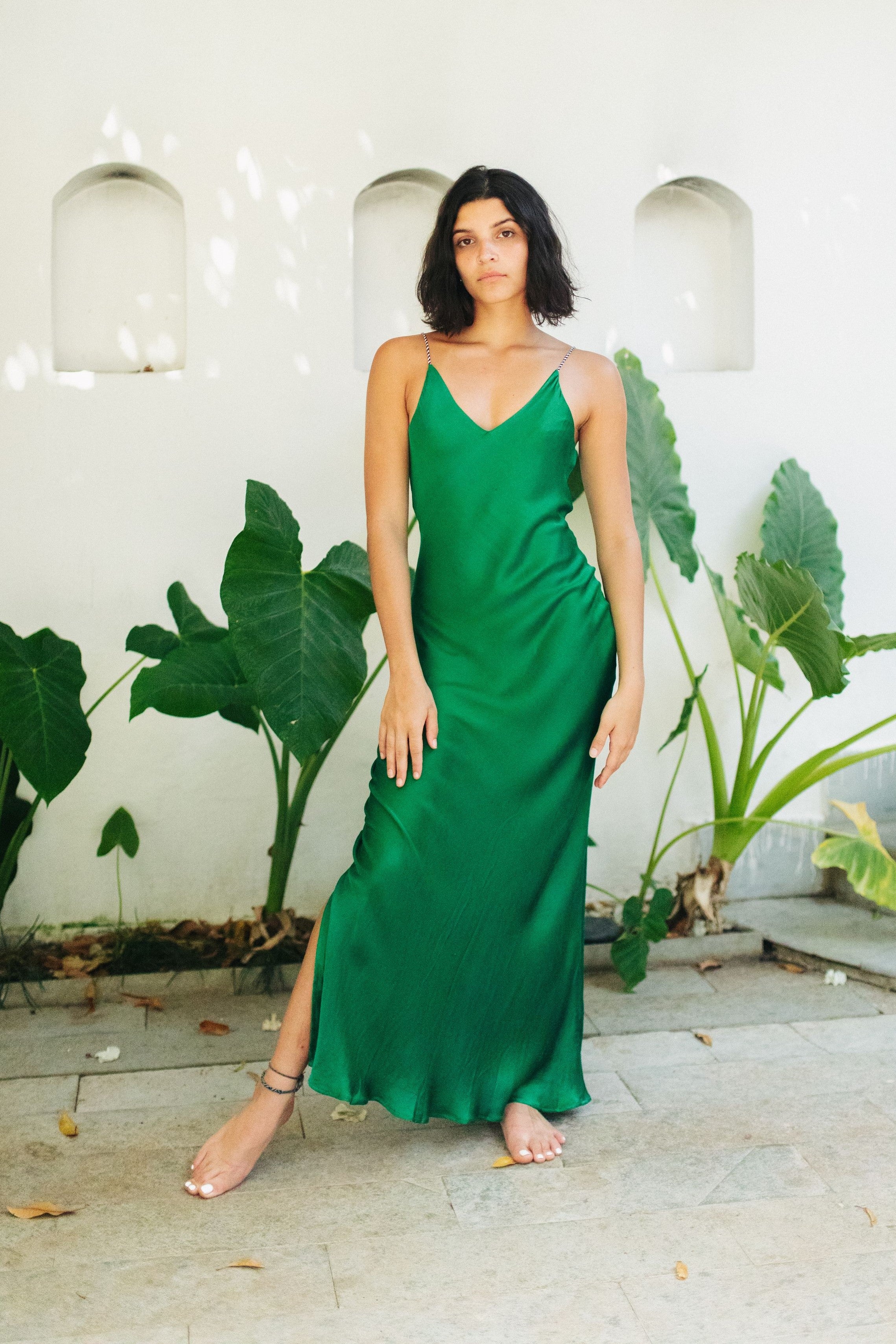 Emerald Green Satin Slip Dress With Handcrafted Straps – izsi
