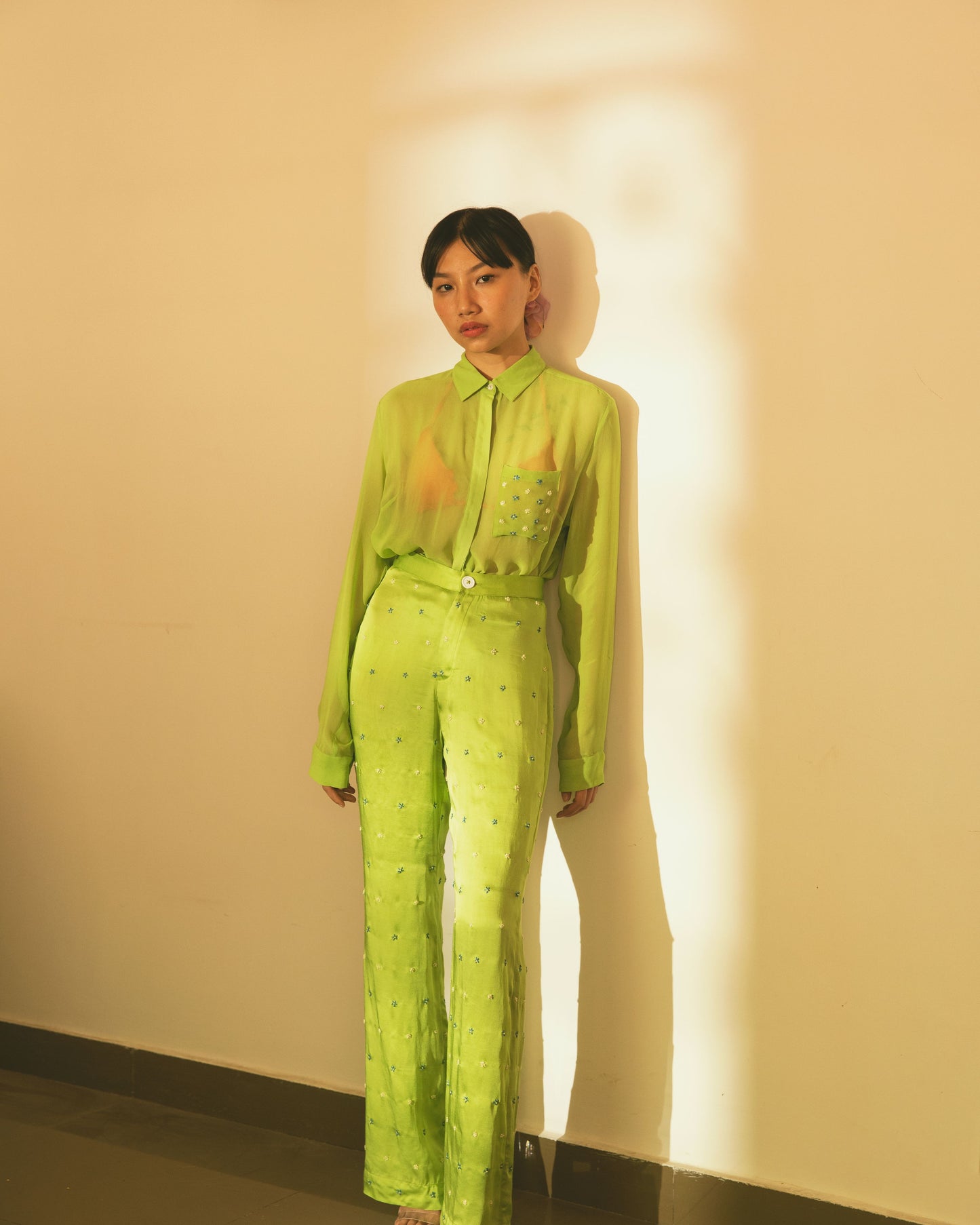 Lime Green High Waist Trousers With Hand Embroidery