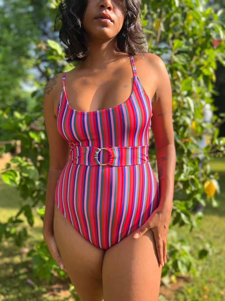 One Piece Swimsuit with Removable Belt - Candy Stripes