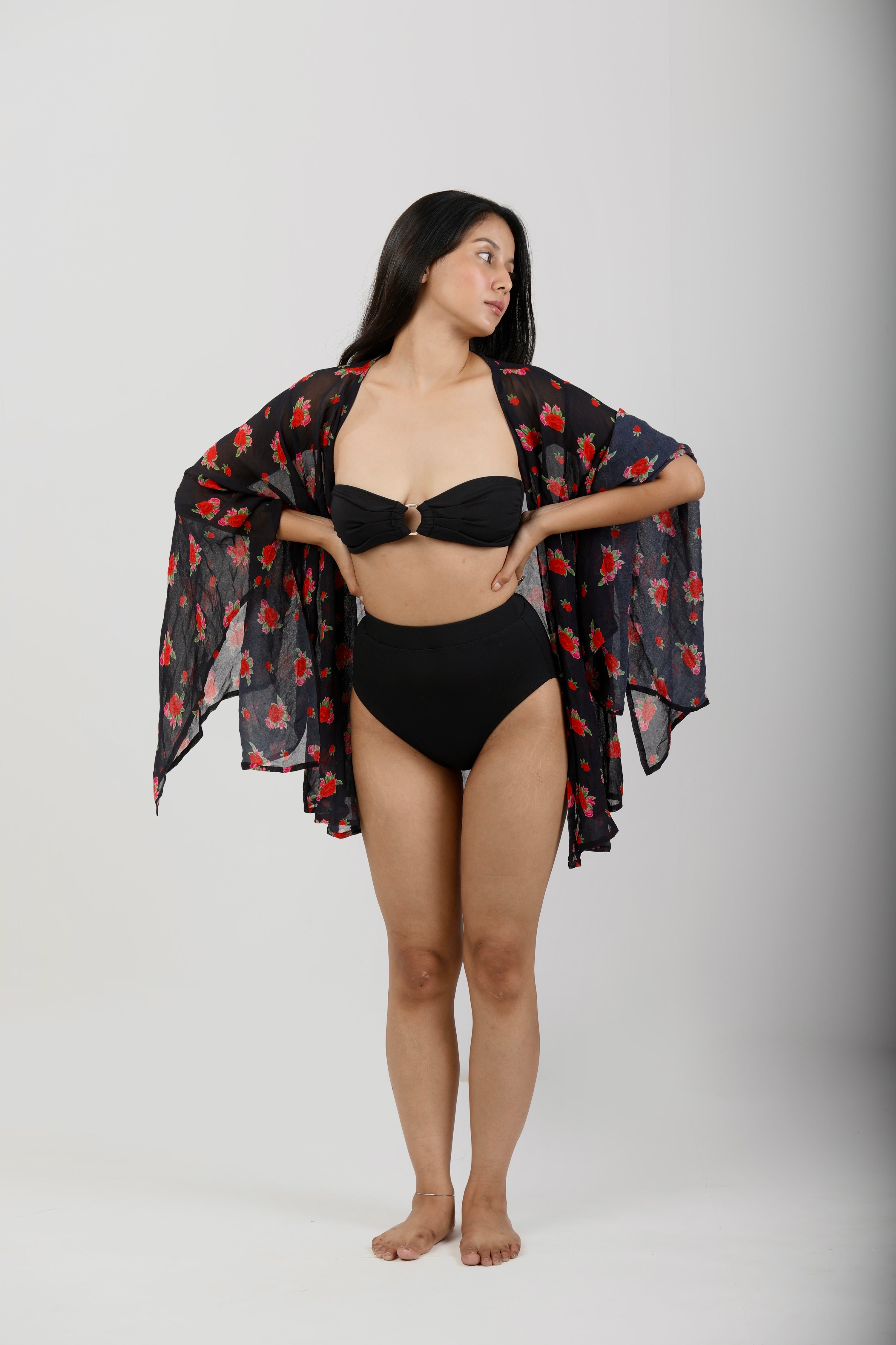Short Kaftan with Butterfly Sleeves  - Rose Bloom