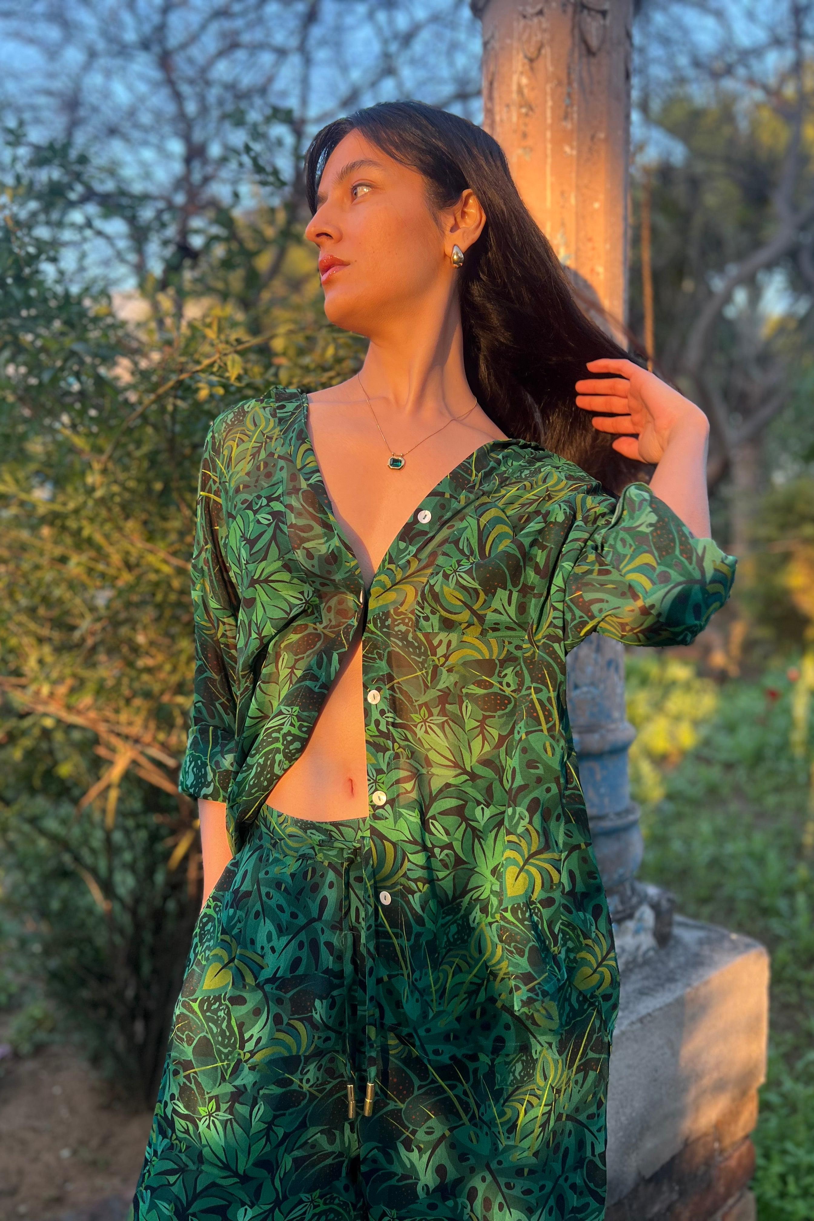 Emerald Jungle Georgette Sheer Shirt-Resortwear-izsi-IZSI