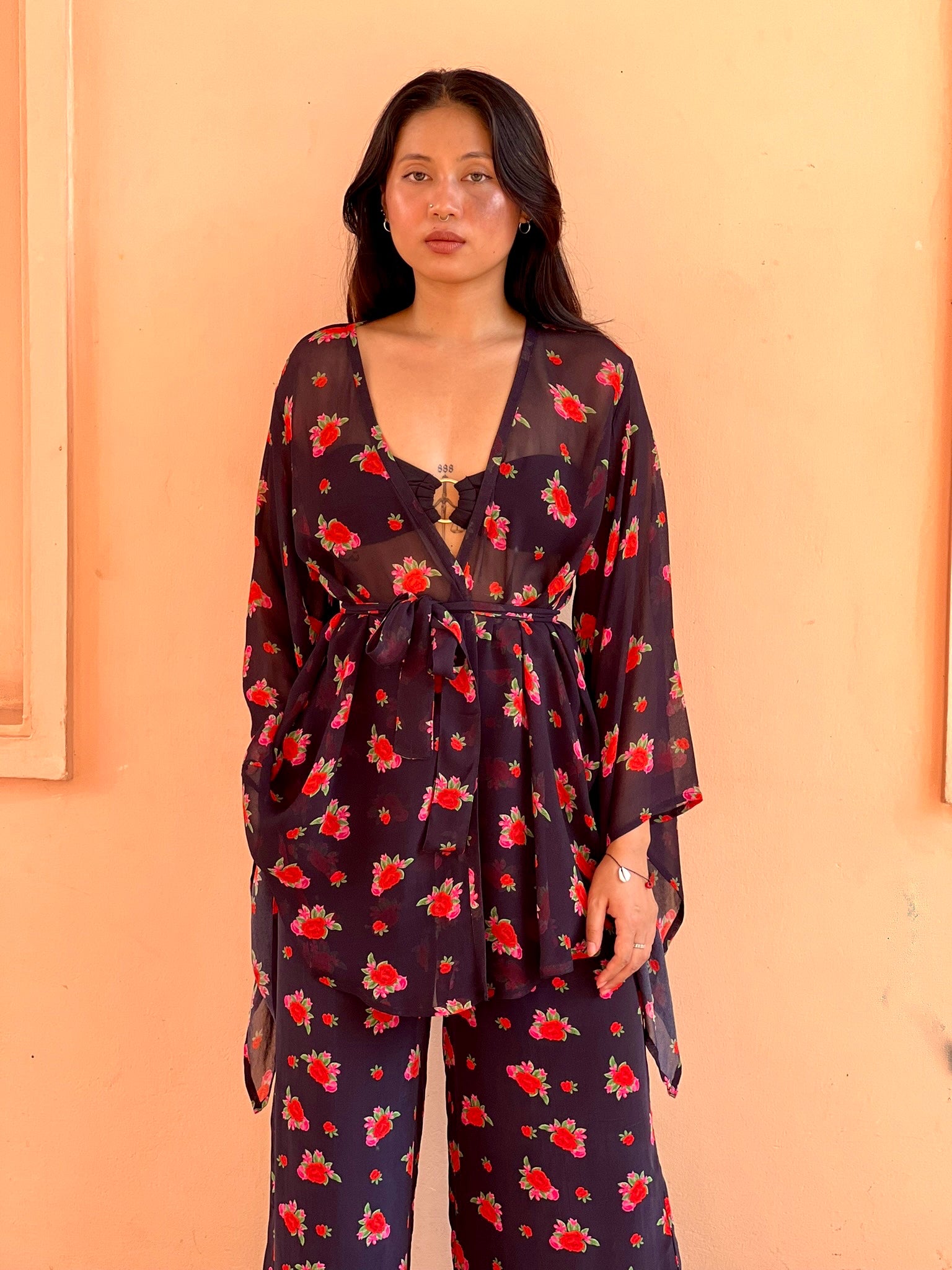 Short Kaftan with Butterfly Sleeves  - Rose Bloom