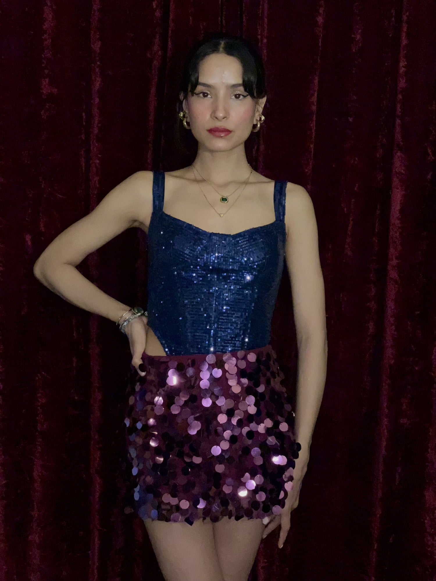Set of Two Pieces - Blue Sequin Corset Top and Purple Sequin Skirt