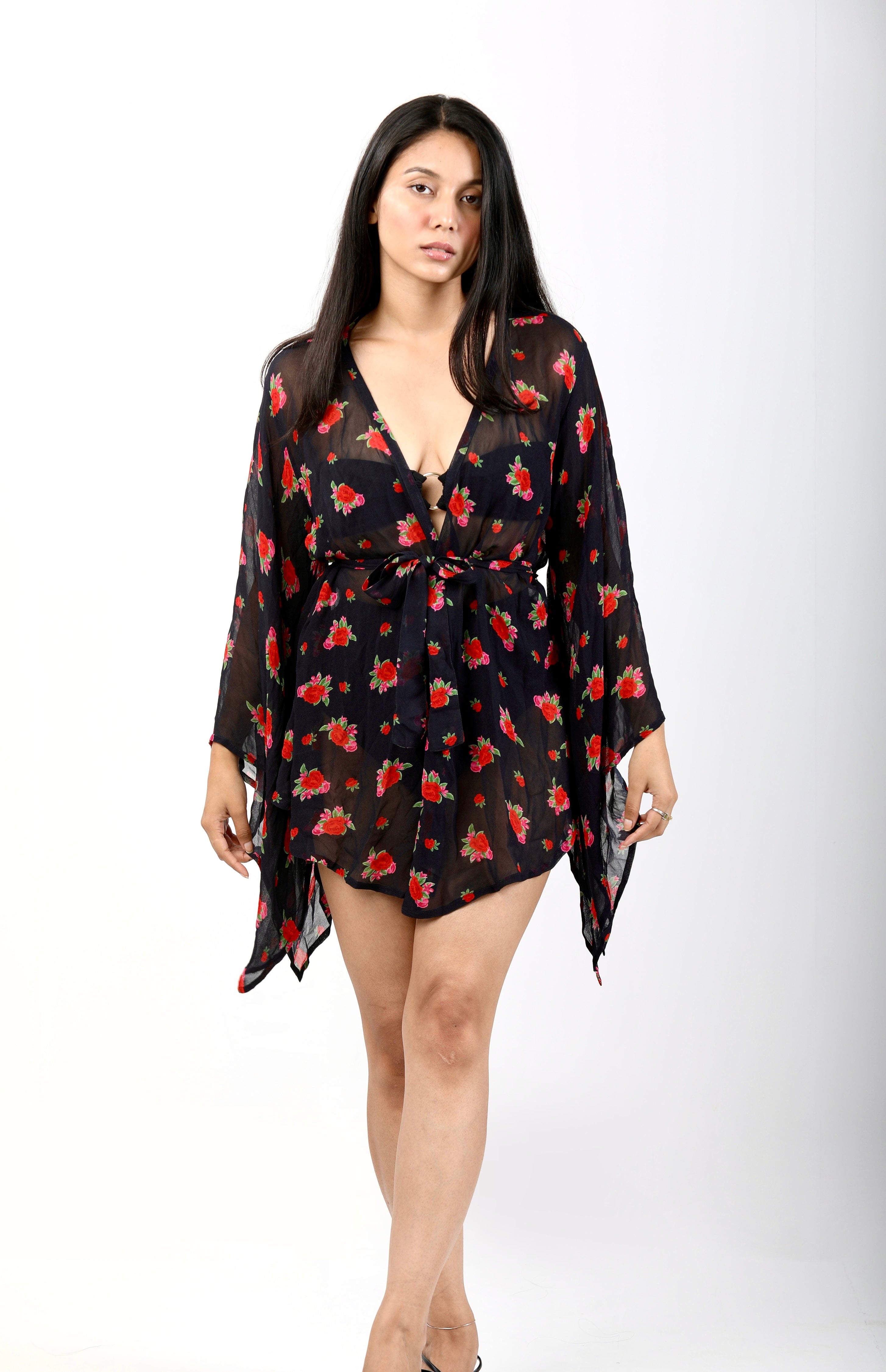 Short Kaftan with Butterfly Sleeves  - Rose Bloom