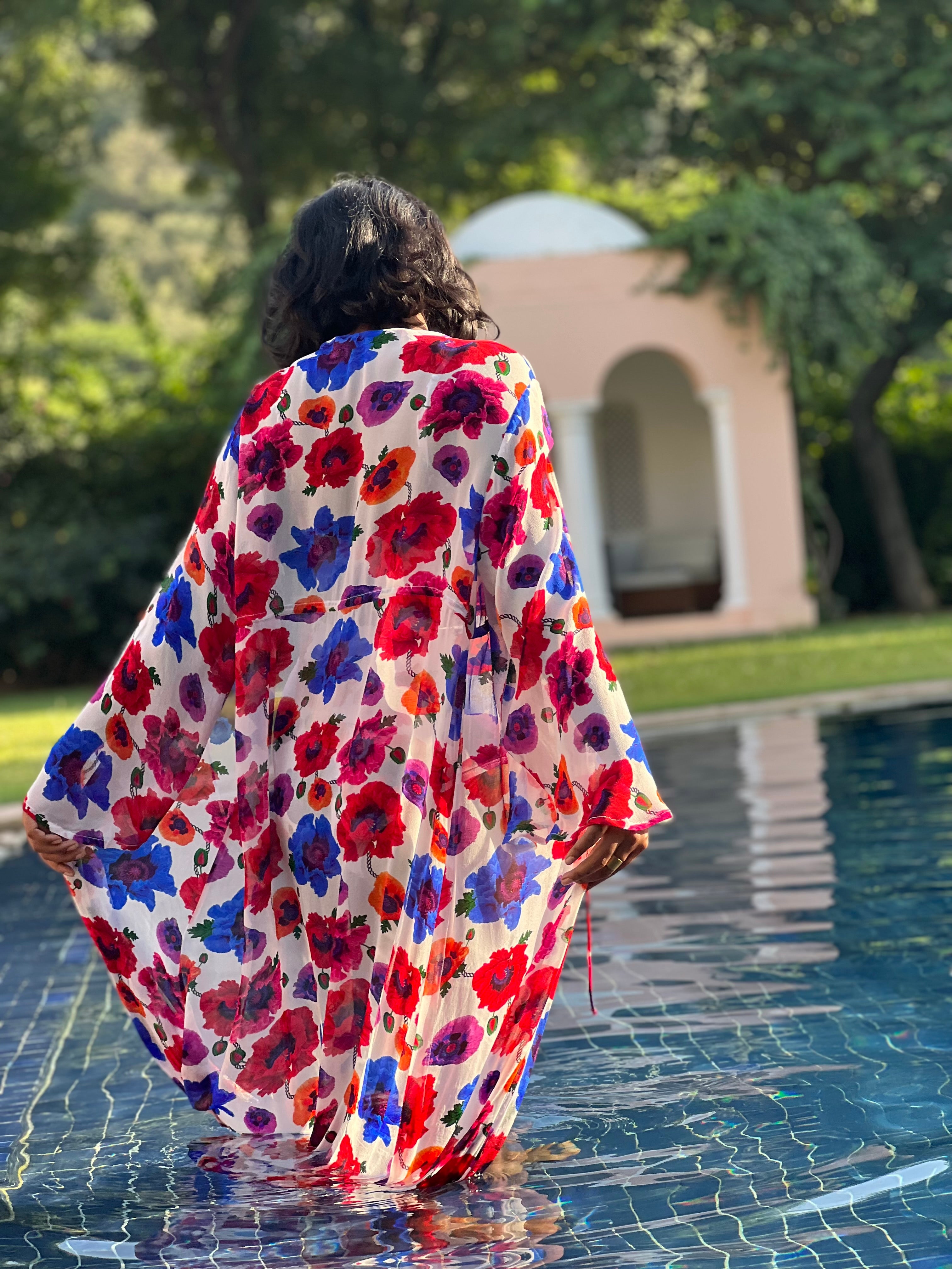 Kaftan with Drawstring Waist - Poppy White