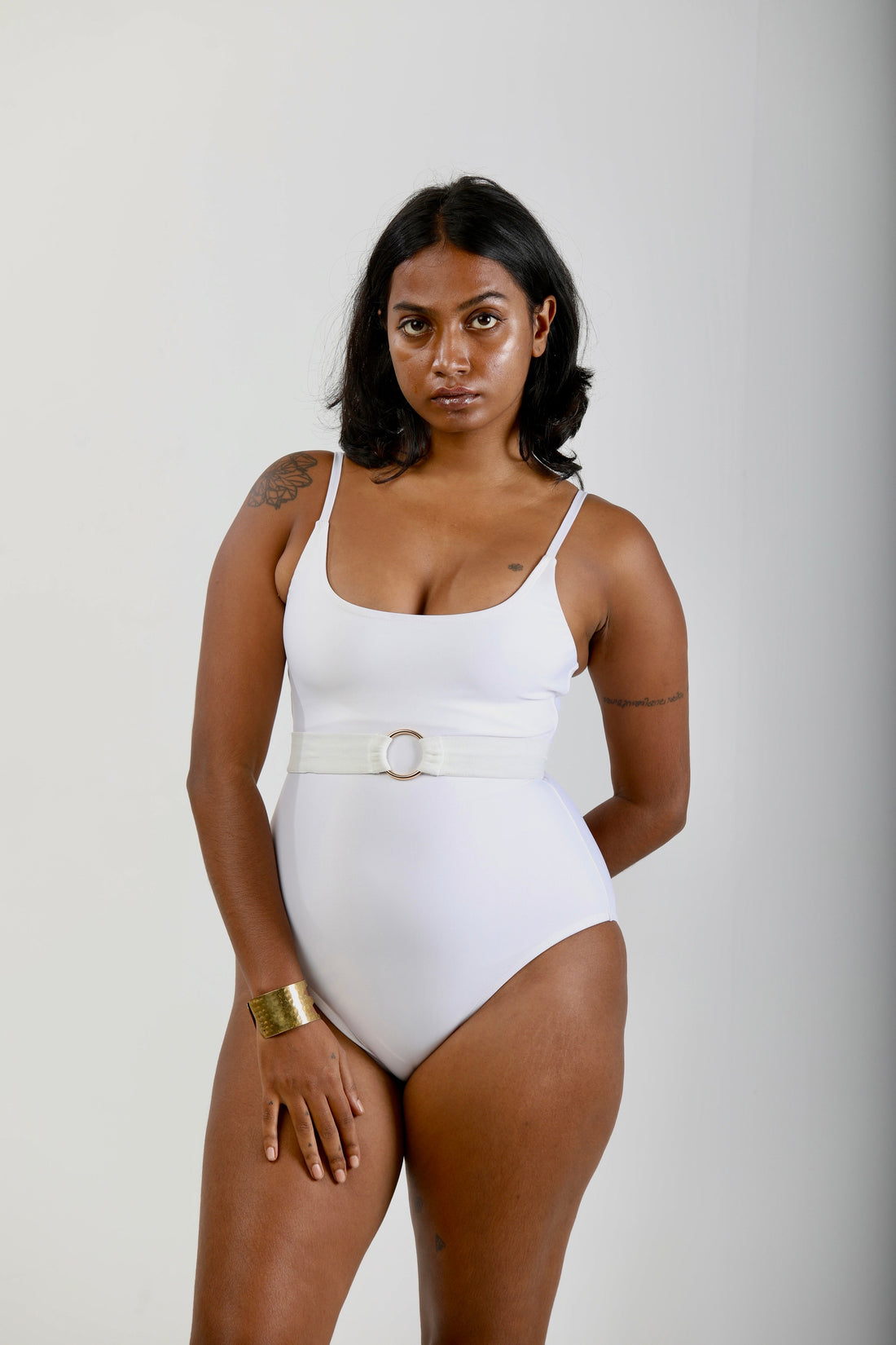 One Piece Swimsuit with Removable Belt- White