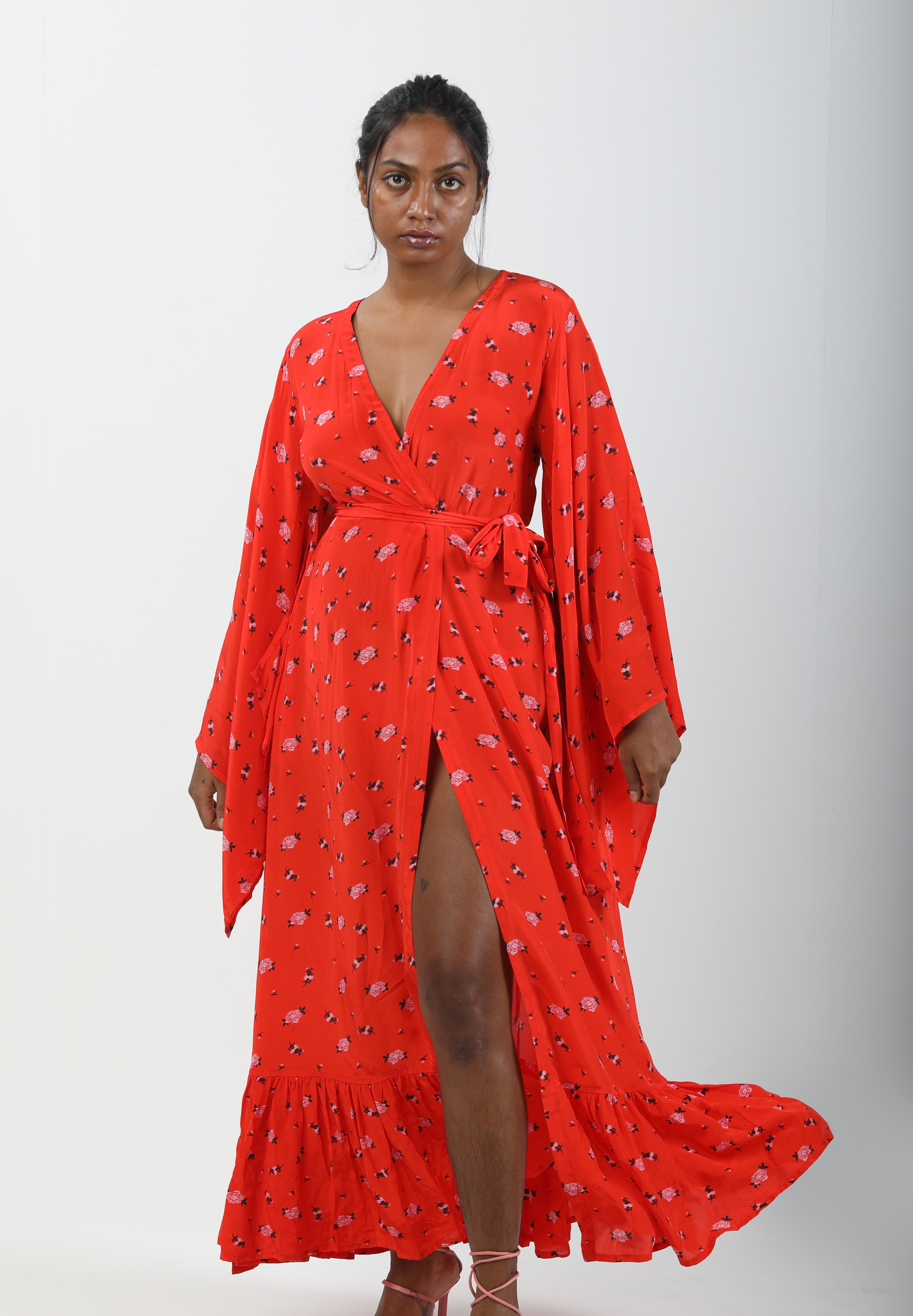 Butterfly Sleeve Wrap Around Dress - Carnations-izsi-IZSI