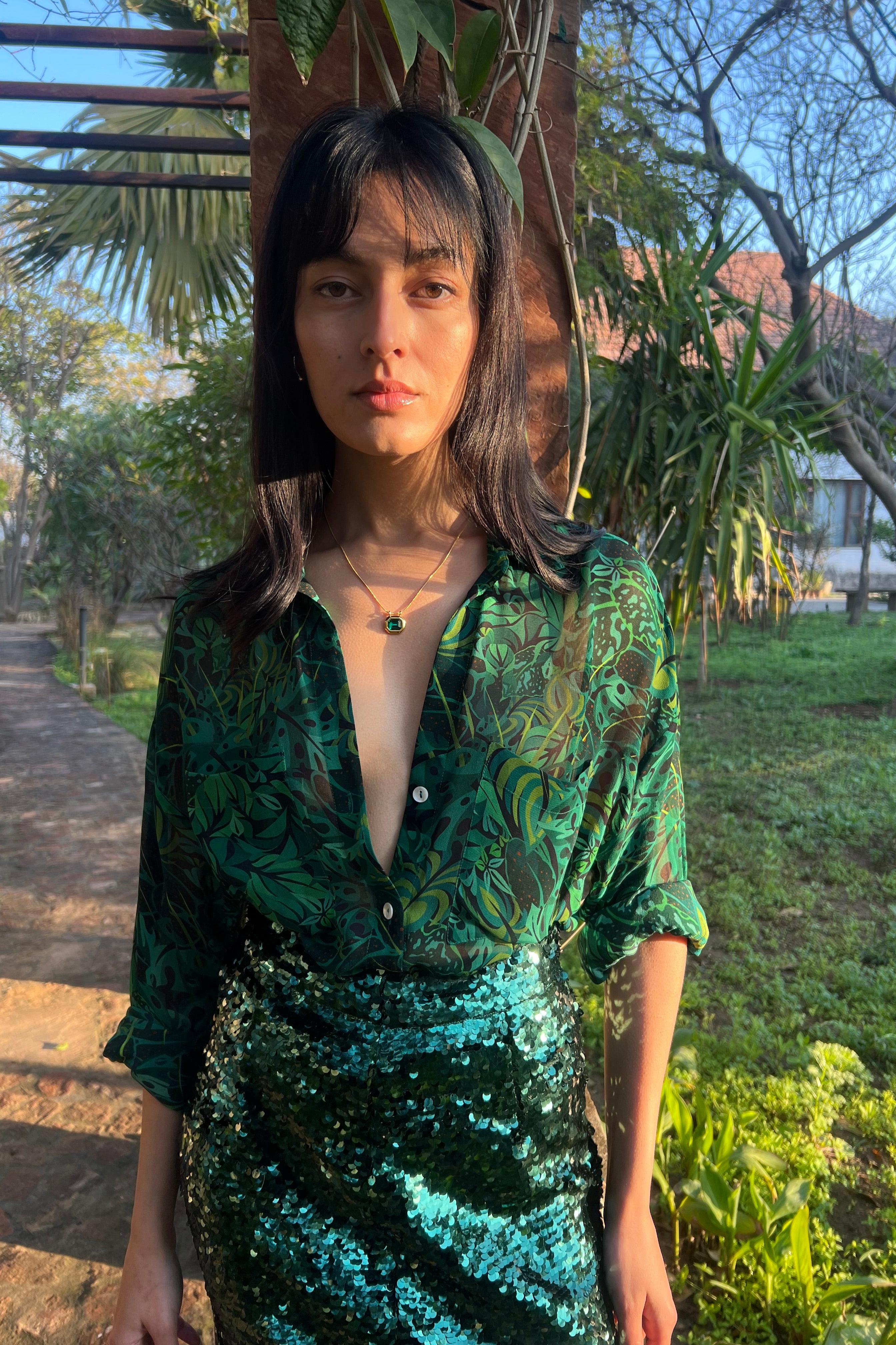 Emerald Jungle Georgette Sheer Shirt