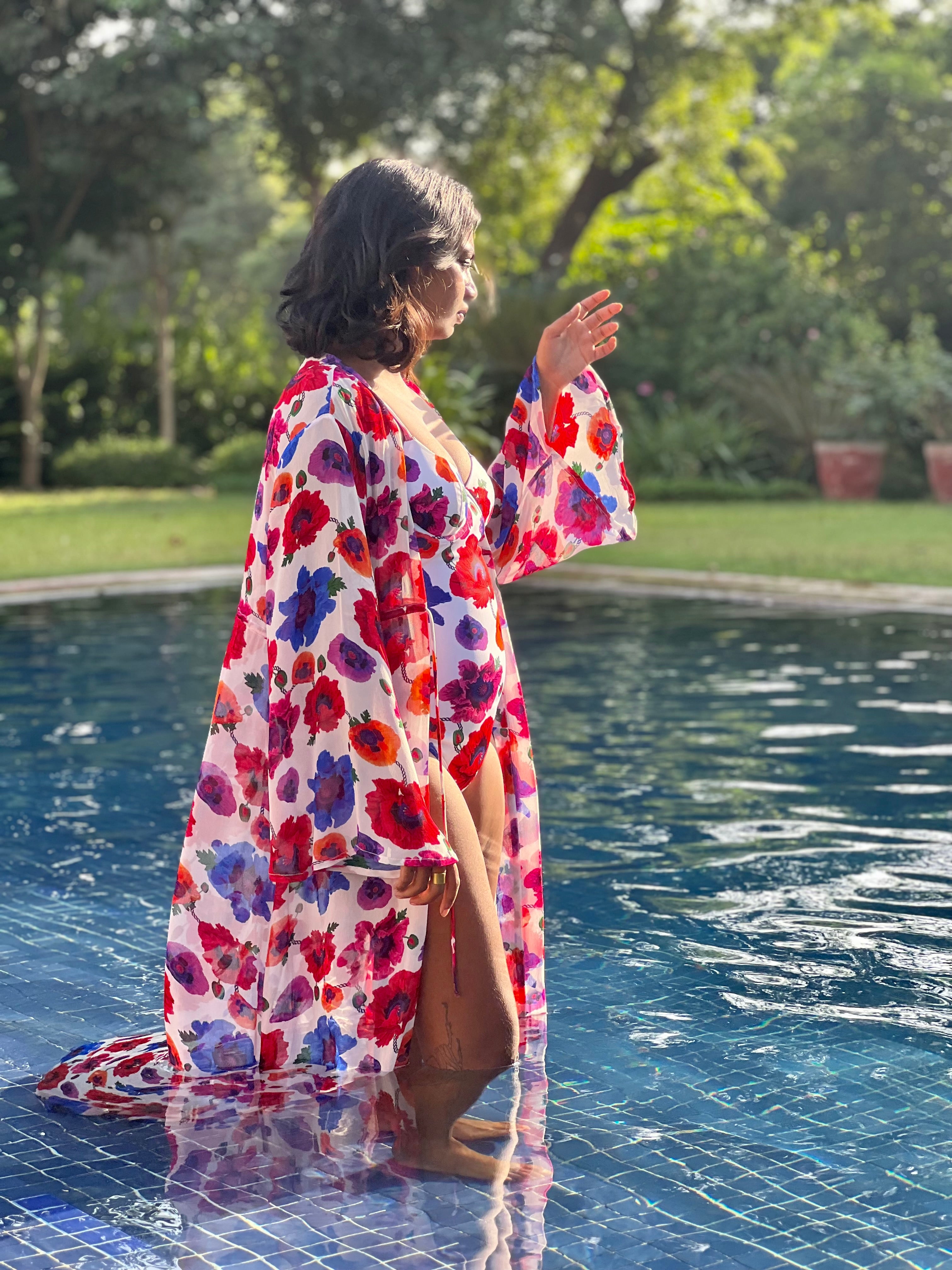 Kaftan with Drawstring Waist - Poppy White