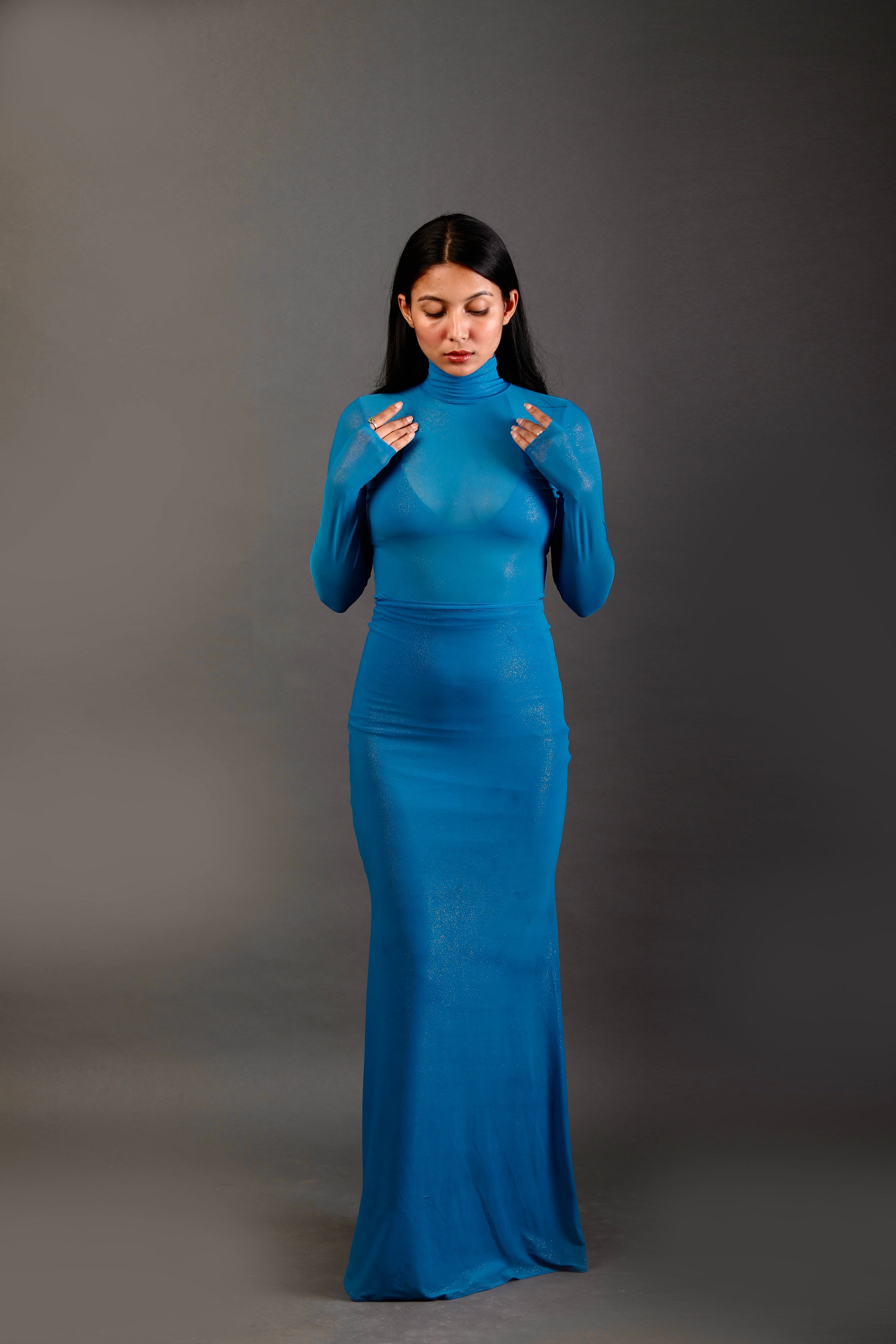 Sheer High Neck Top - Cerulean Shimmer-izsi-IZSI