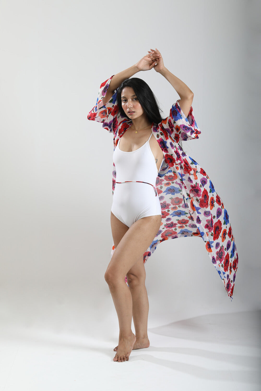 Kaftan with Drawstring Waist - Poppy White