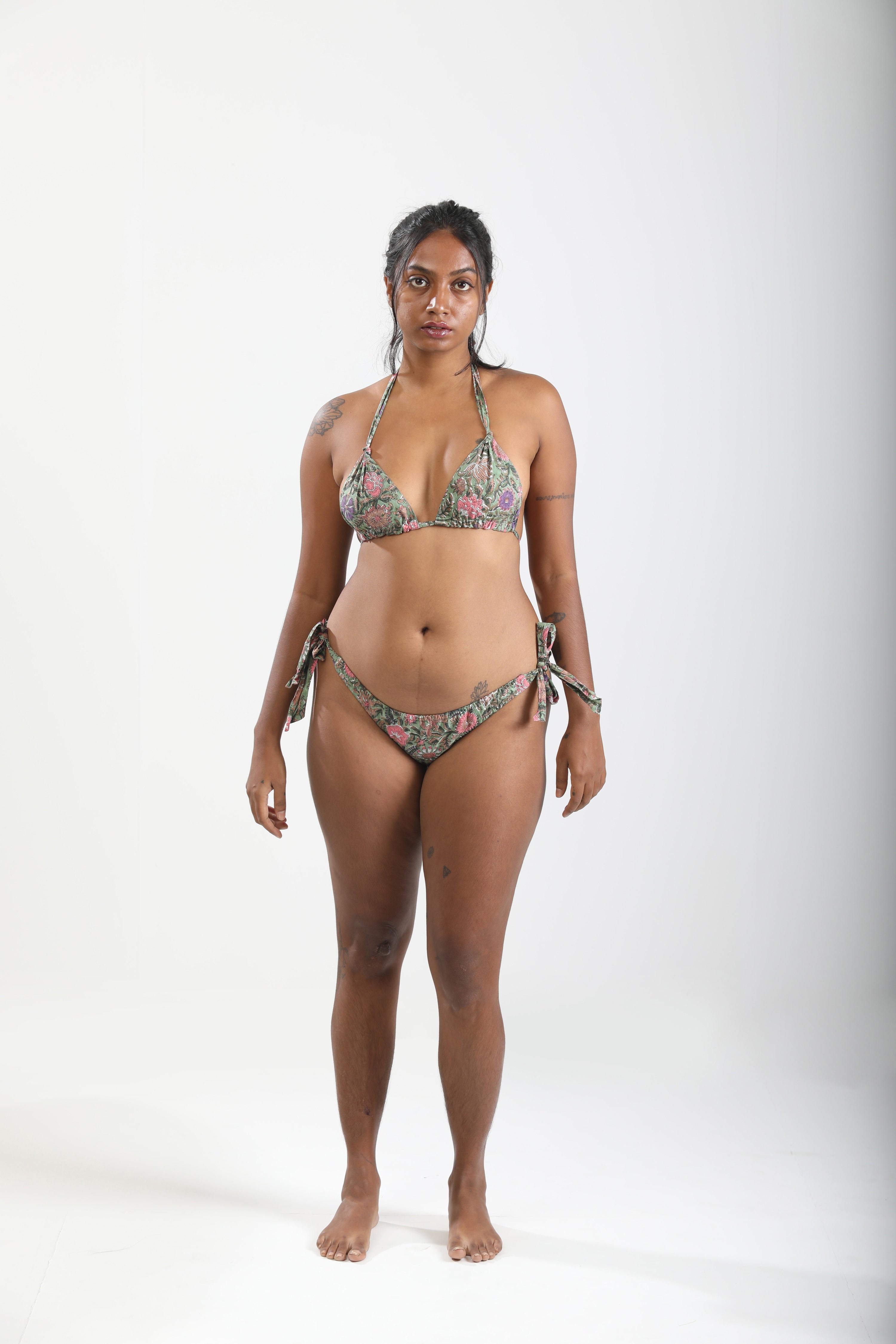 Sunbathing Hand Block Printed Cotton String Bikini Set - Mughal Vines-swimwear-izsi-IZSI