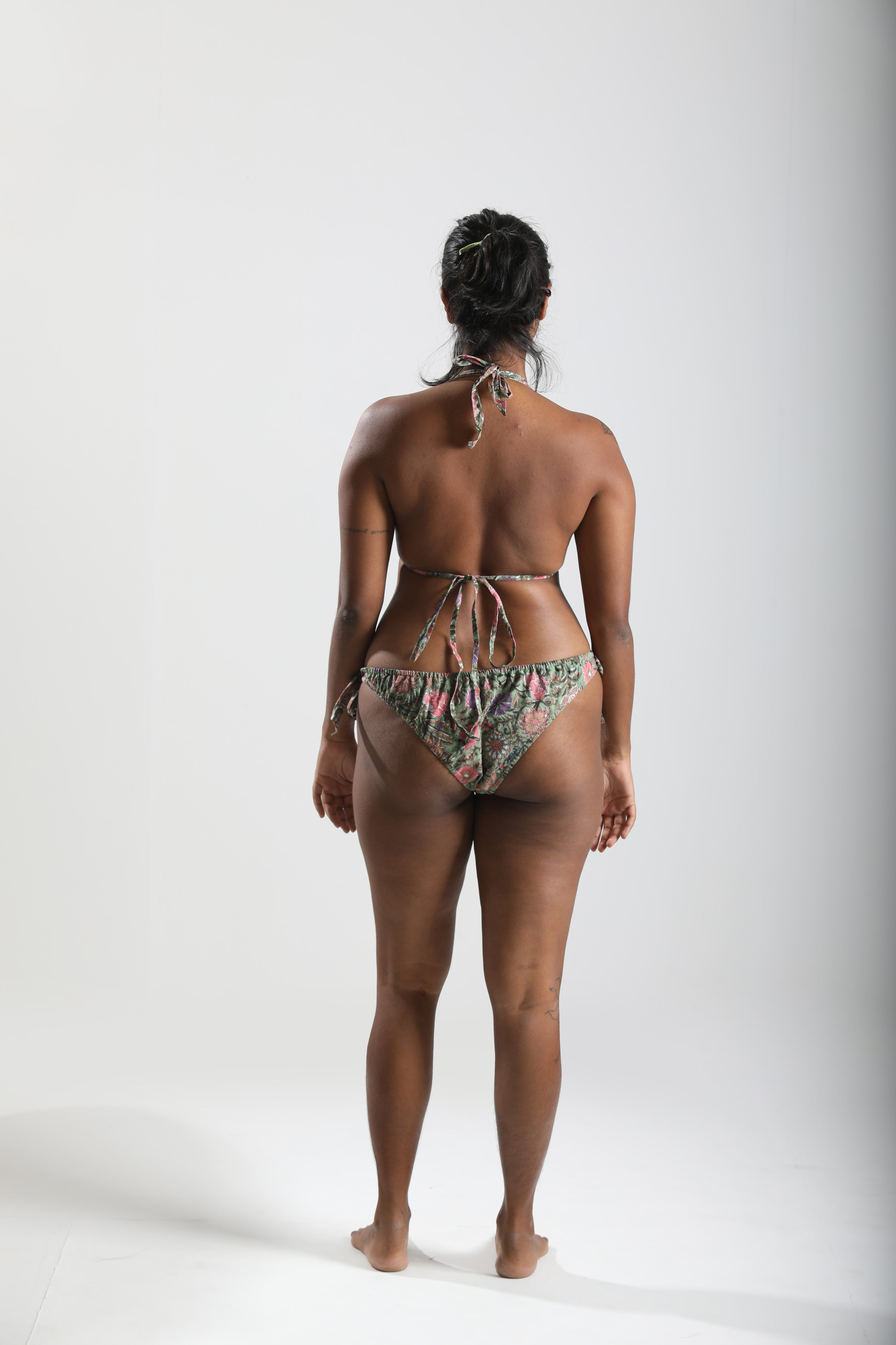 Sunbathing Hand Block Printed Cotton String Bikini Set - Mughal Vines