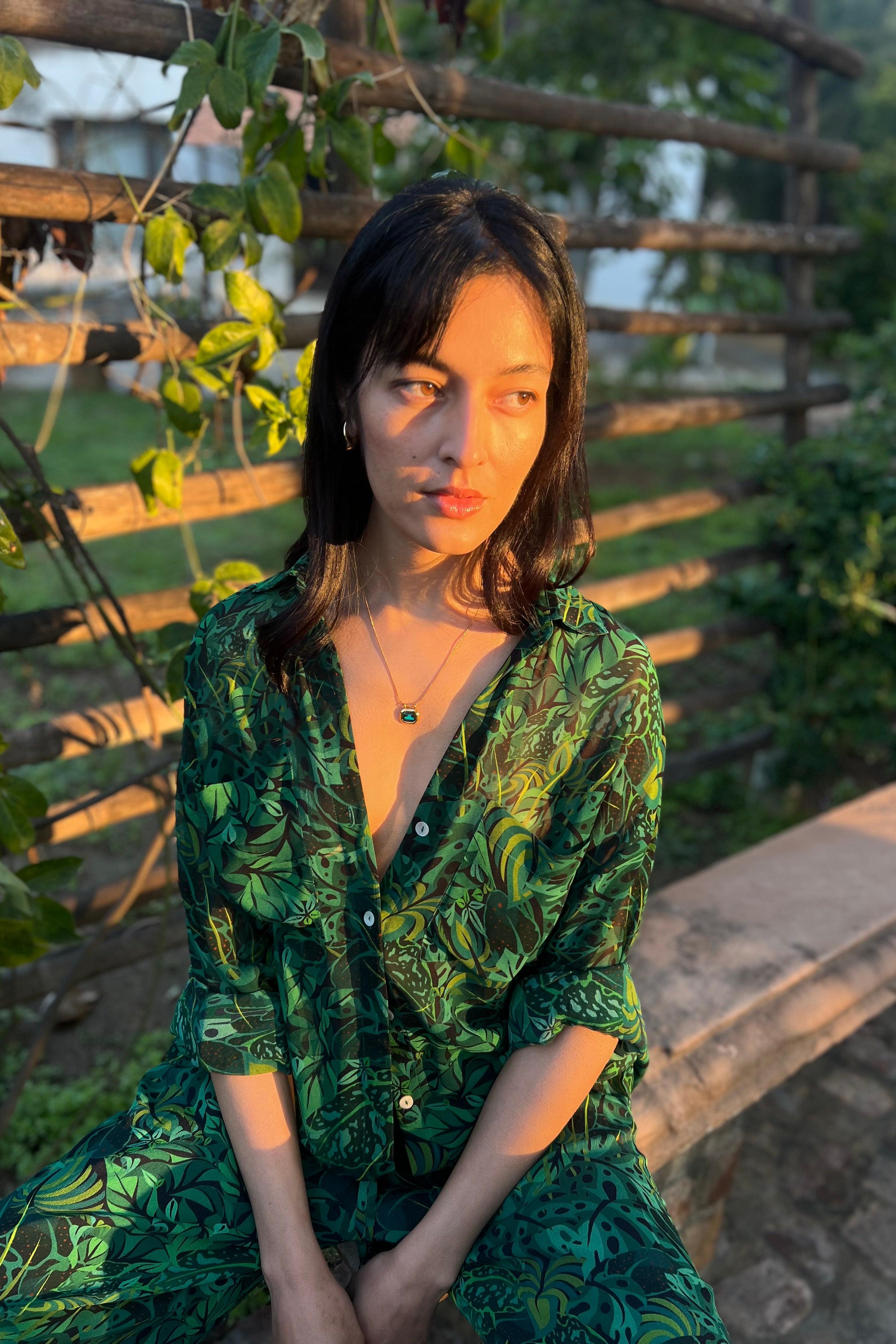 Emerald Jungle Georgette Sheer Shirt