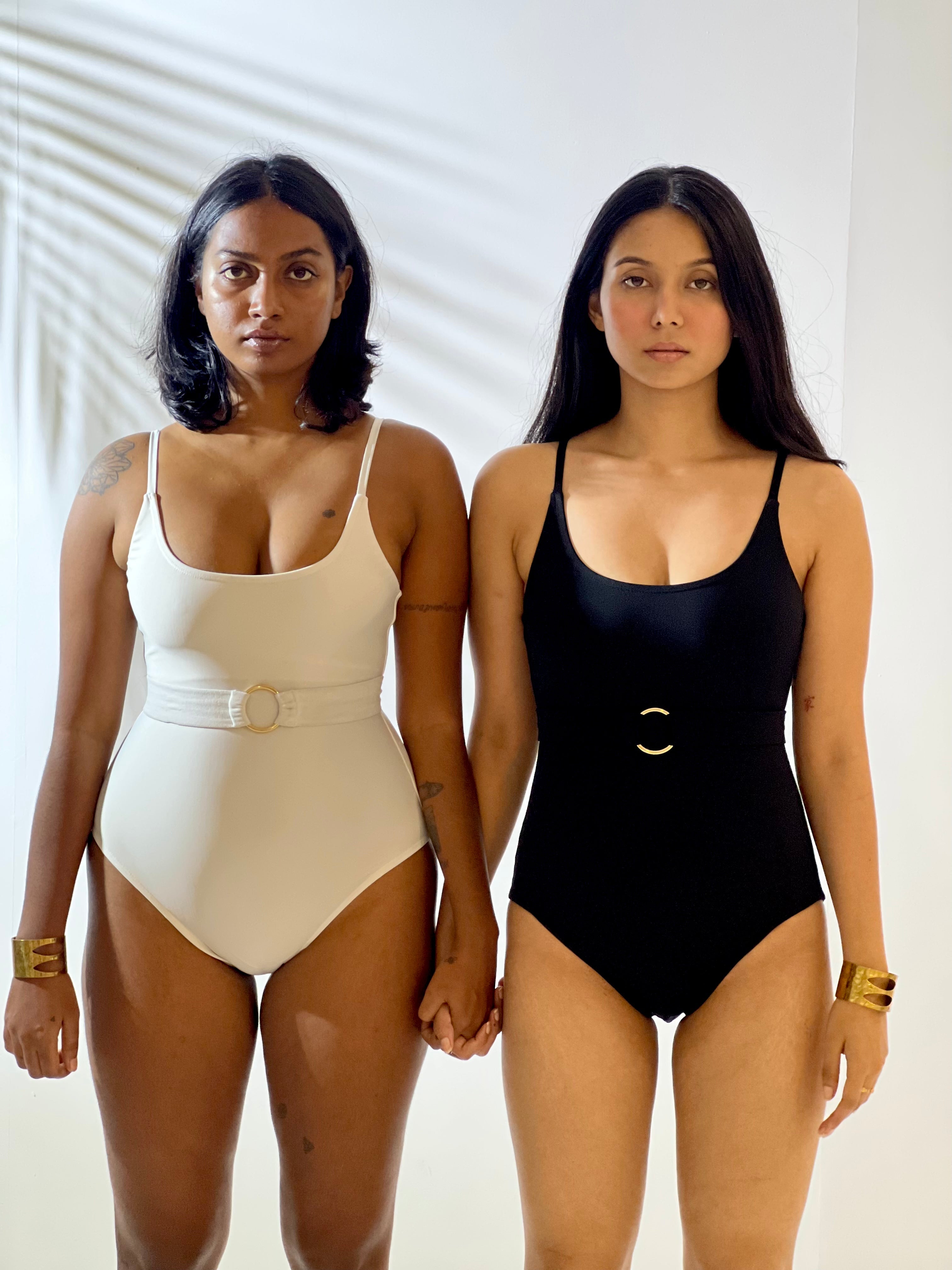 One Piece Swimsuit with Removable Belt- White-Swimwear-izsi-IZSI