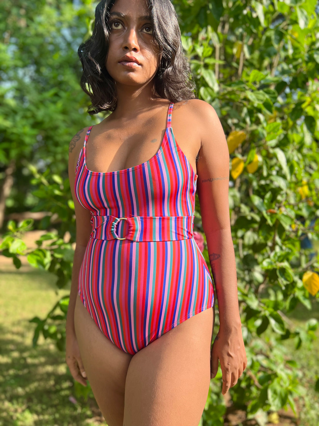 One Piece Swimsuit with Removable Belt - Candy Stripes