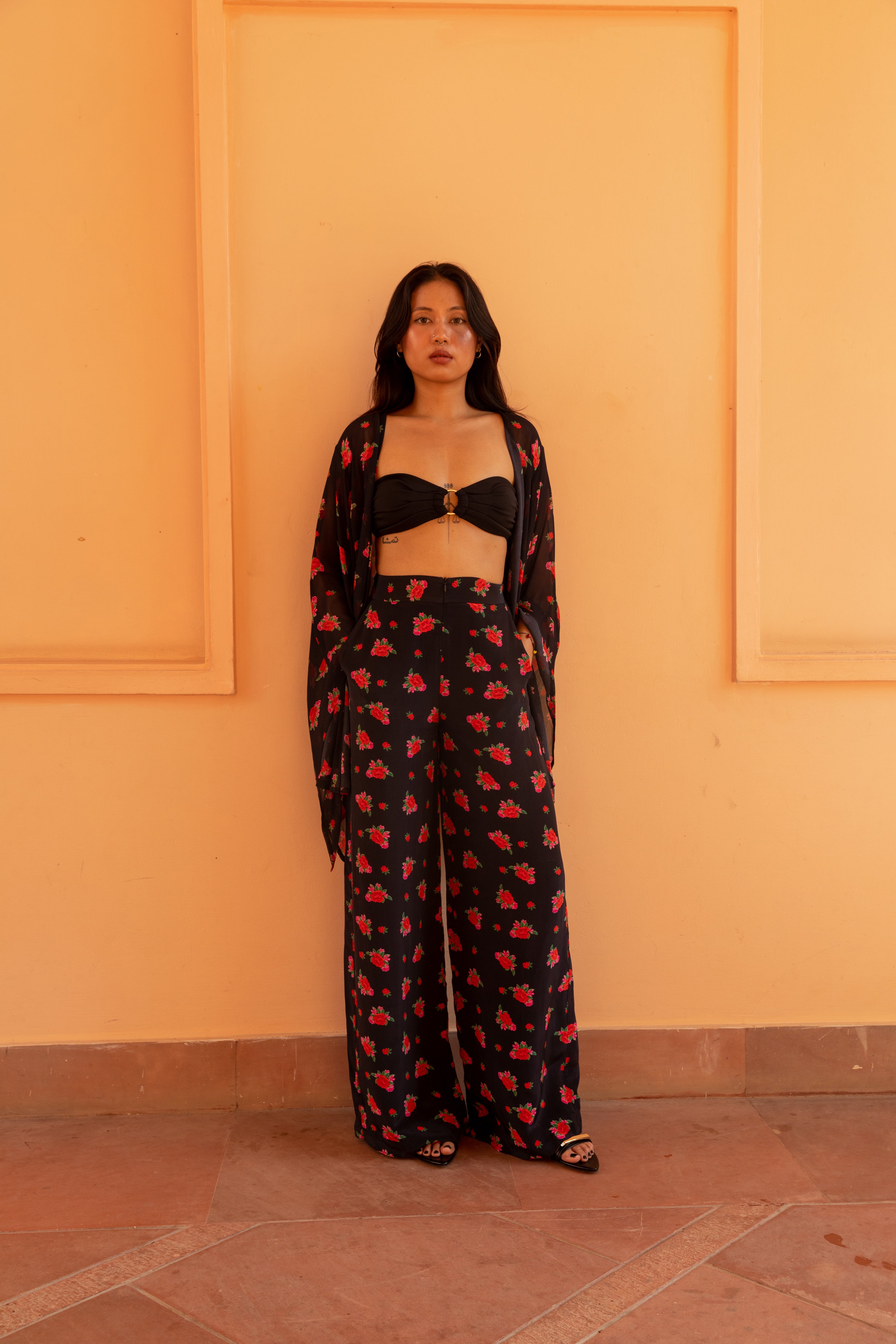 Short Kaftan with Butterfly Sleeves  - Rose Bloom