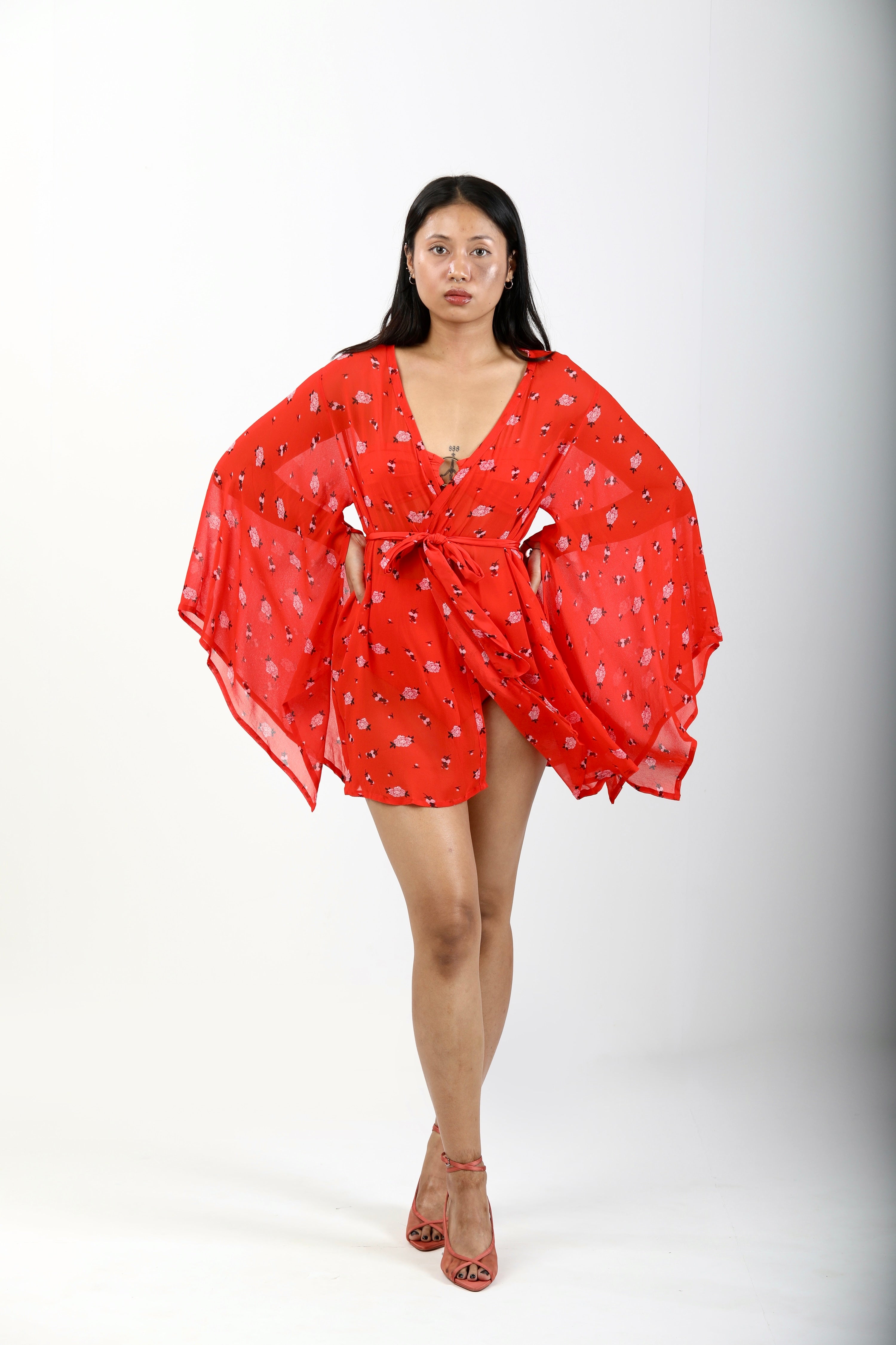 Butterfly Sleeve Short Kaftan - Carnations