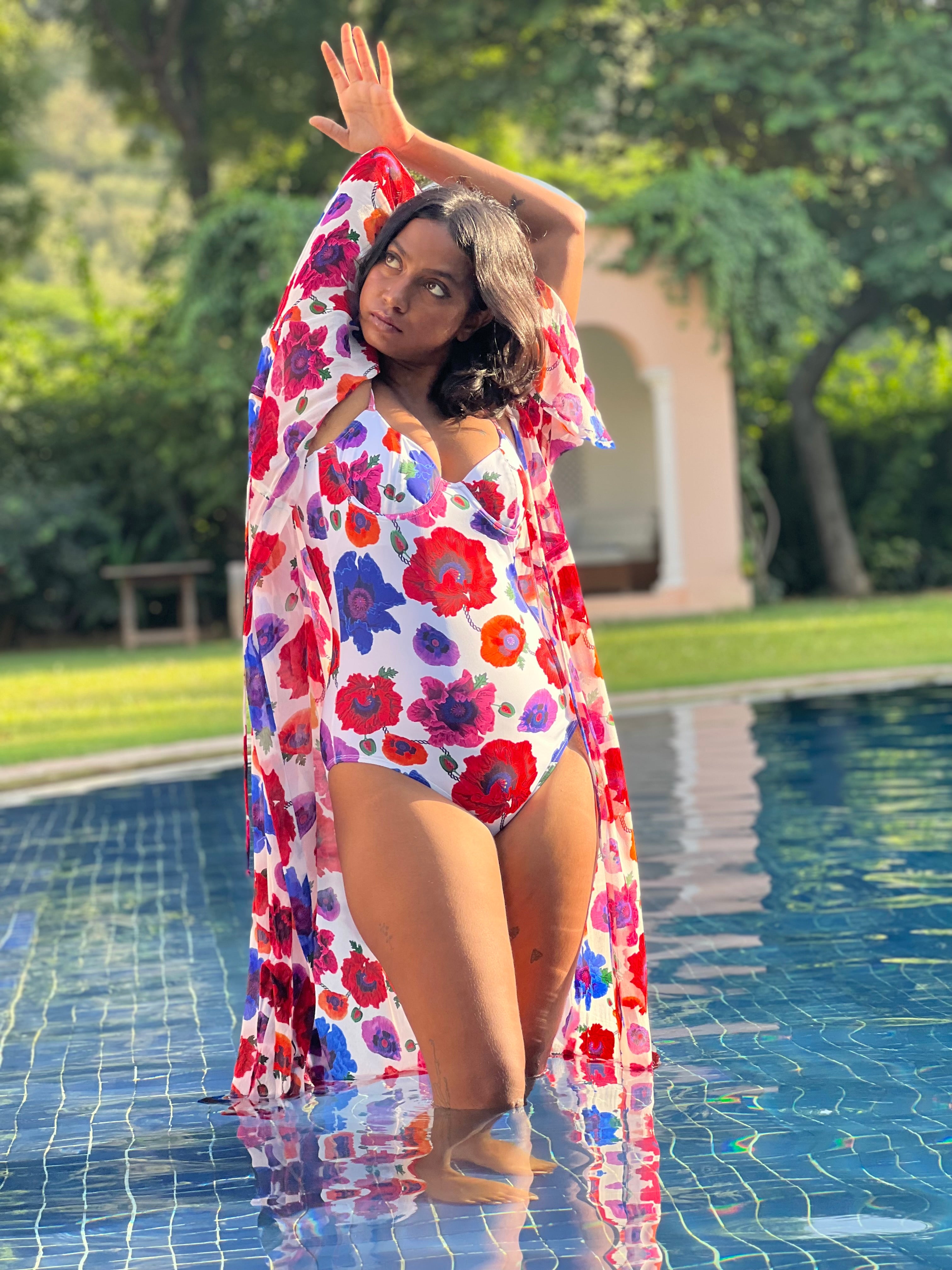 Kaftan with Drawstring Waist - Poppy White-Resortwear-izsi-IZSI