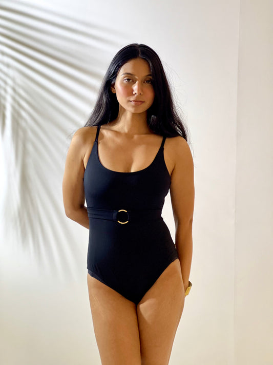 One Piece Swimsuit with Removable Belt- Black