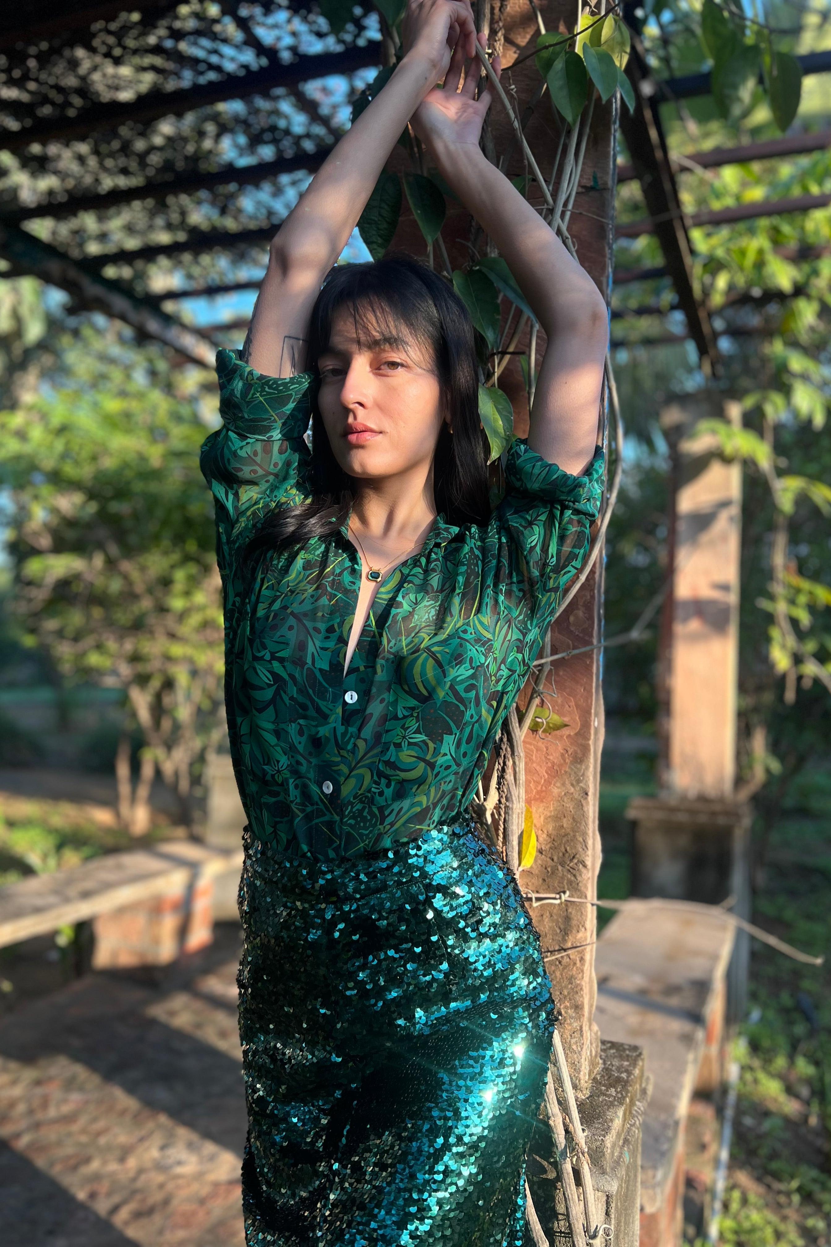 Emerald Jungle Georgette Sheer Shirt