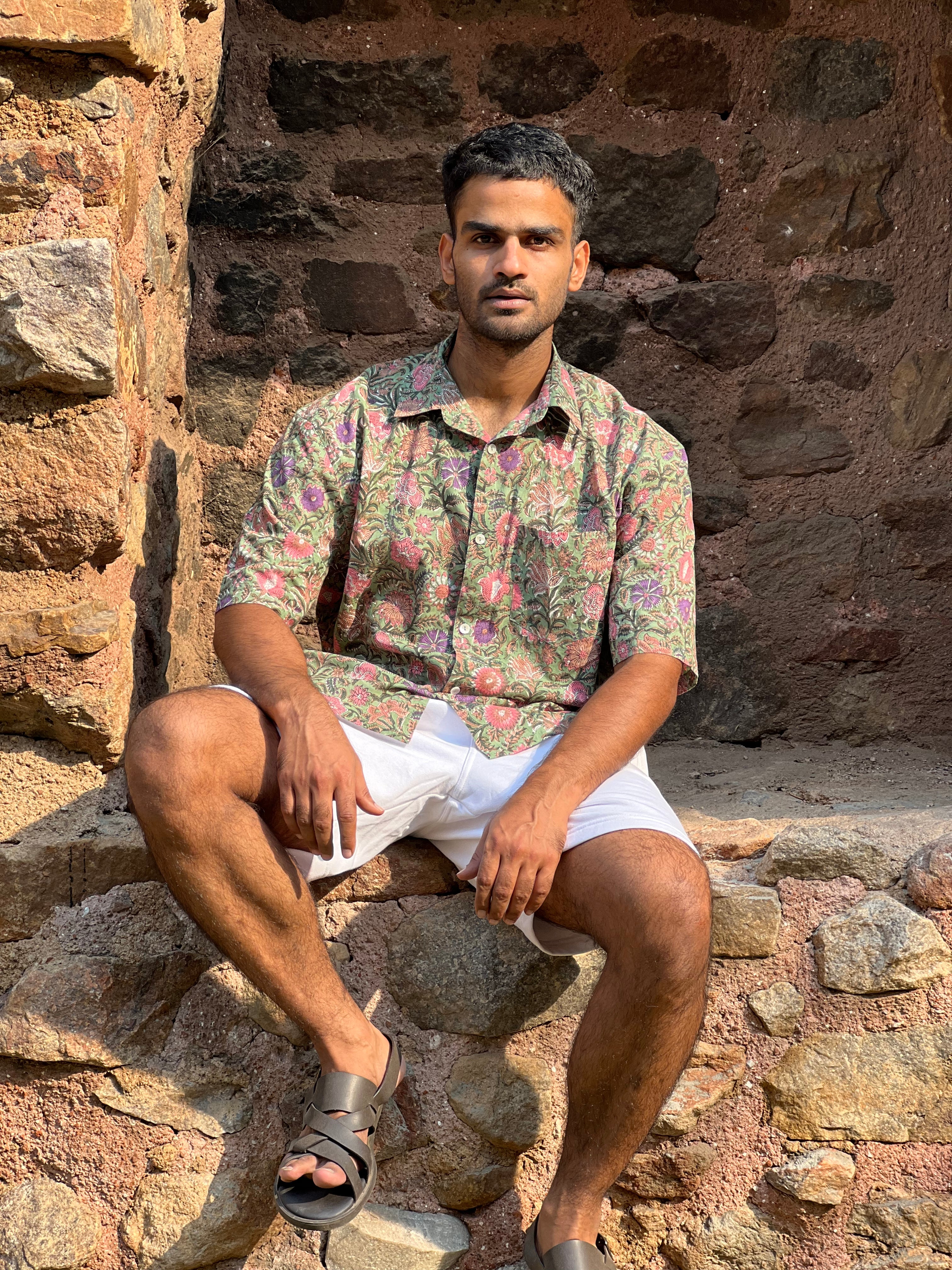 Hand Block Printed 100% Cotton Shirt - Mughal Vines-Resortwear-izsi-IZSI