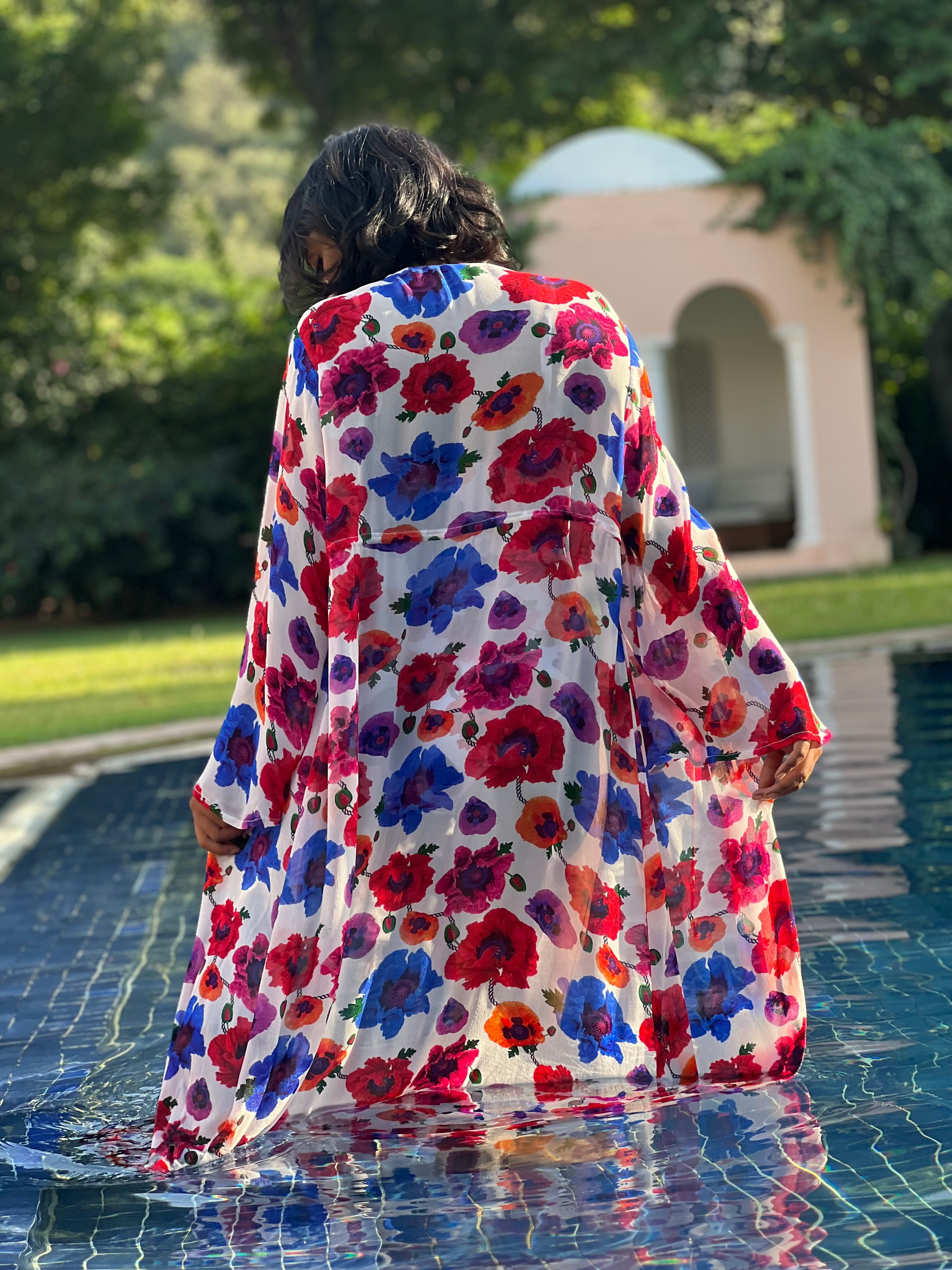 Kaftan with Drawstring Waist - Poppy White