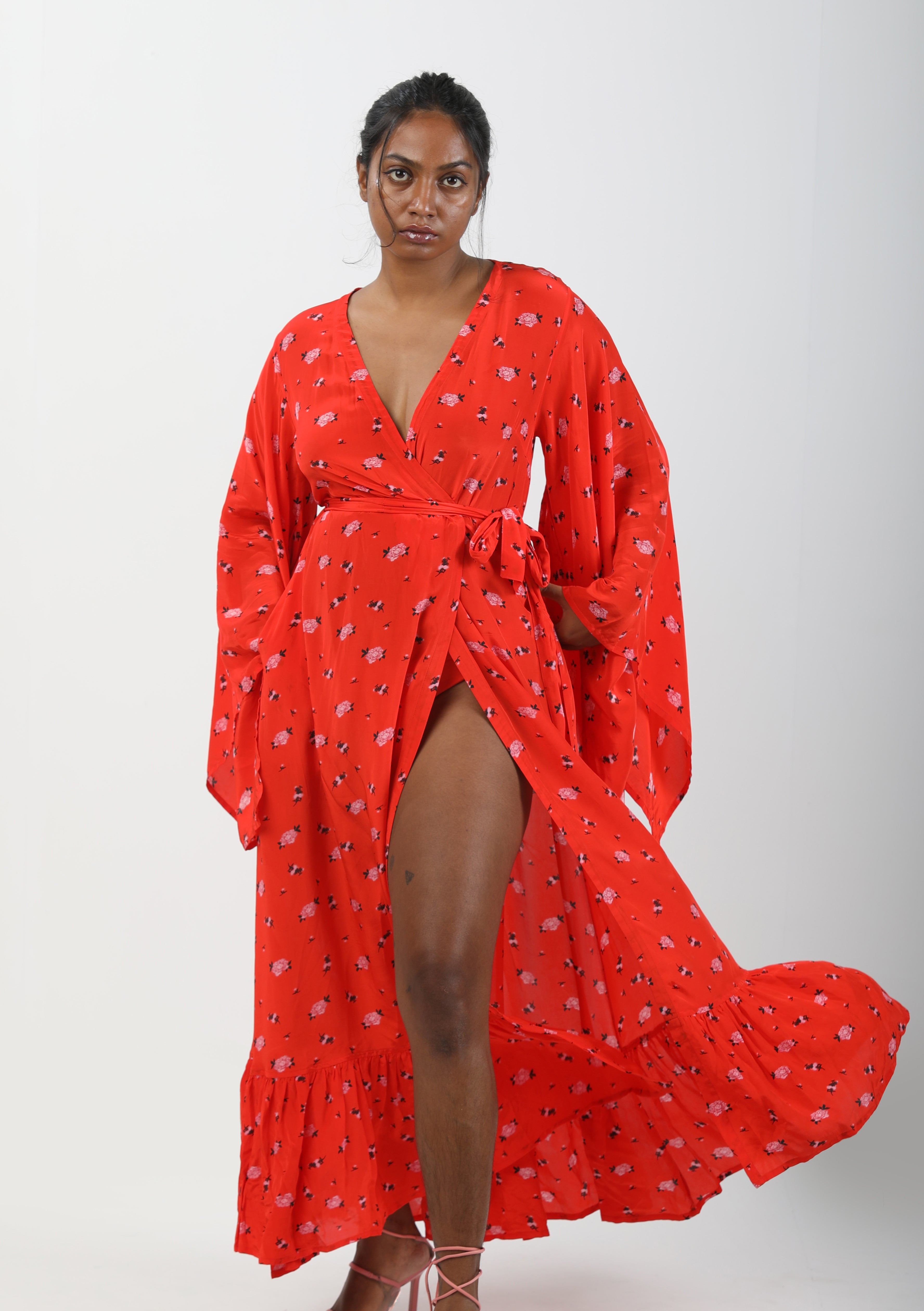 Butterfly Sleeve Wrap Around Dress - Carnations