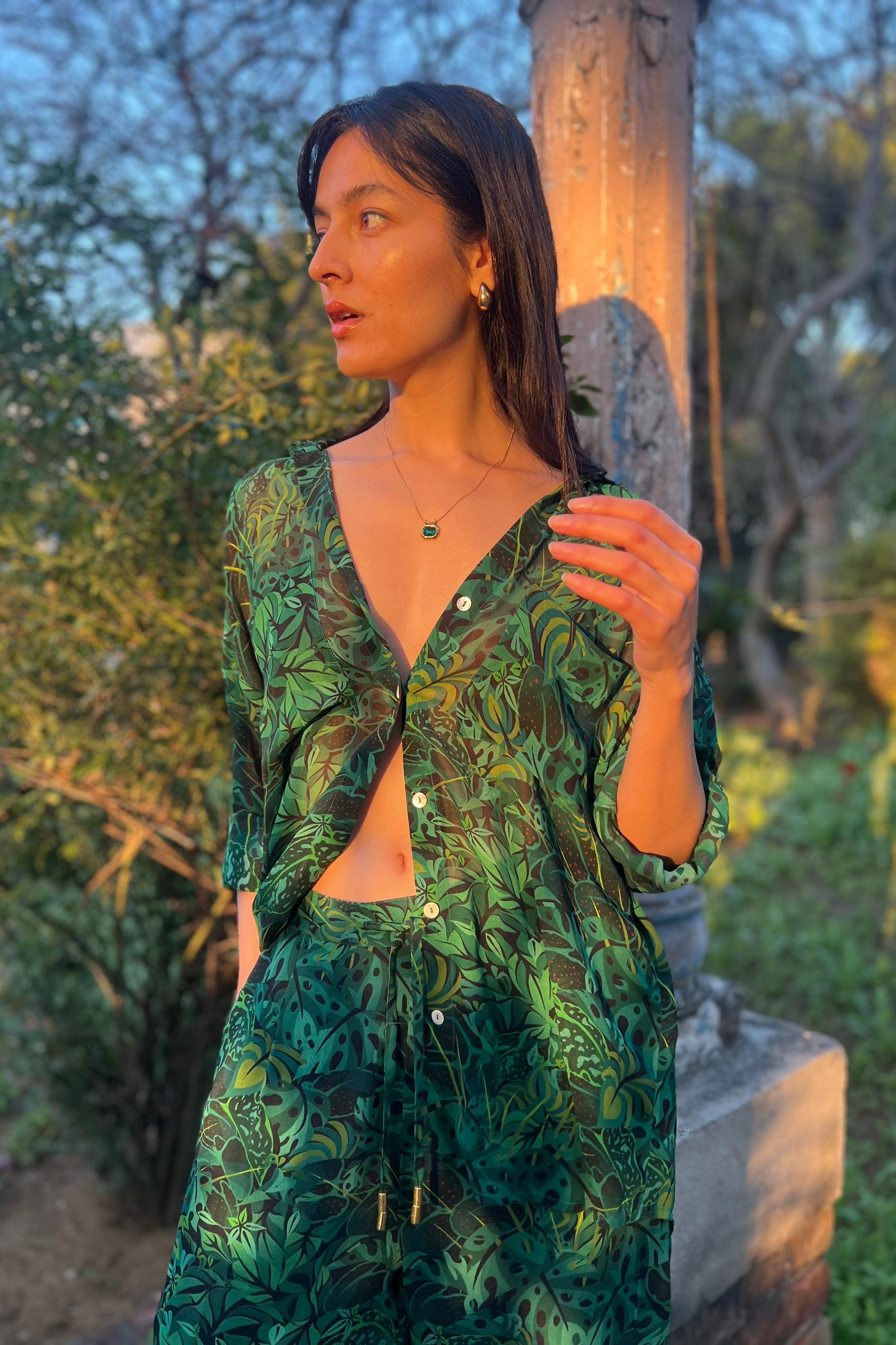 Emerald Jungle Georgette Sheer Shirt