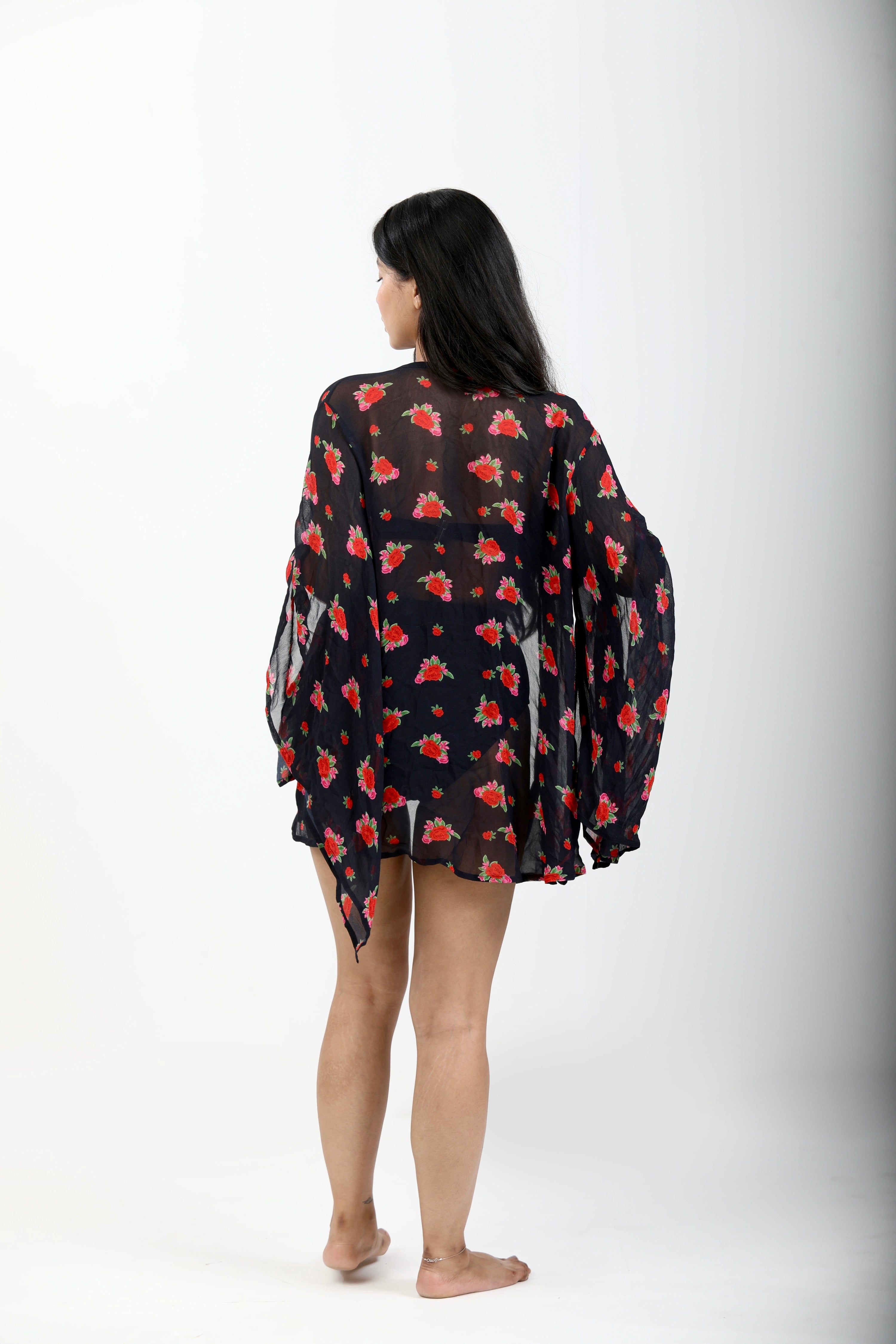 Short Kaftan with Butterfly Sleeves  - Rose Bloom