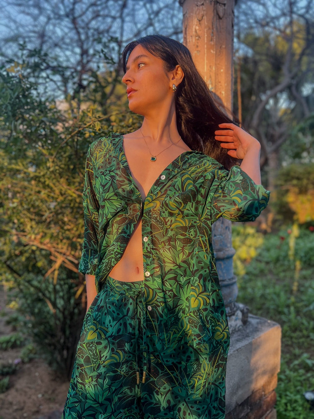 Emerald Jungle Georgette Sheer Shirt