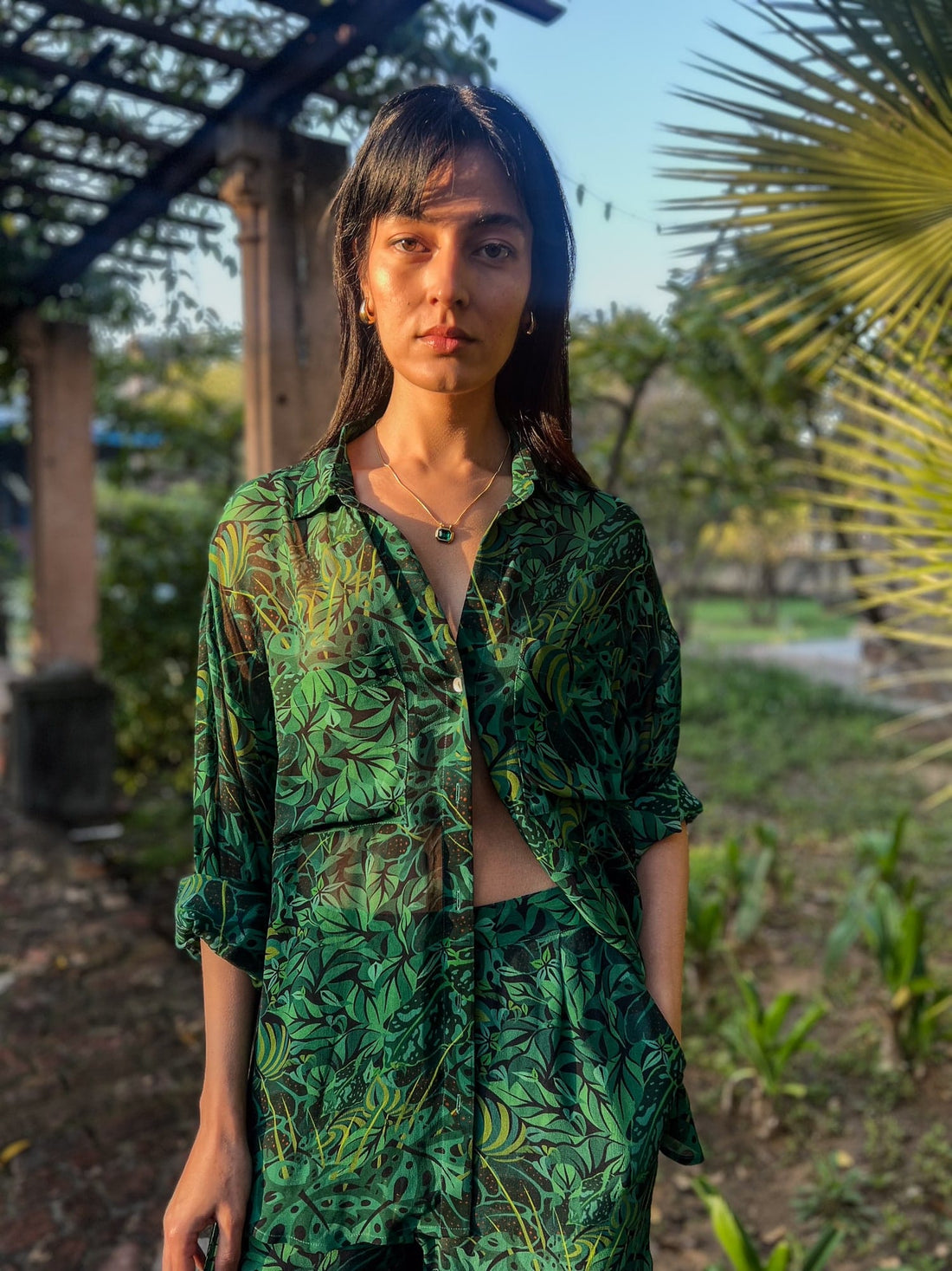 Emerald Jungle Georgette Sheer Shirt