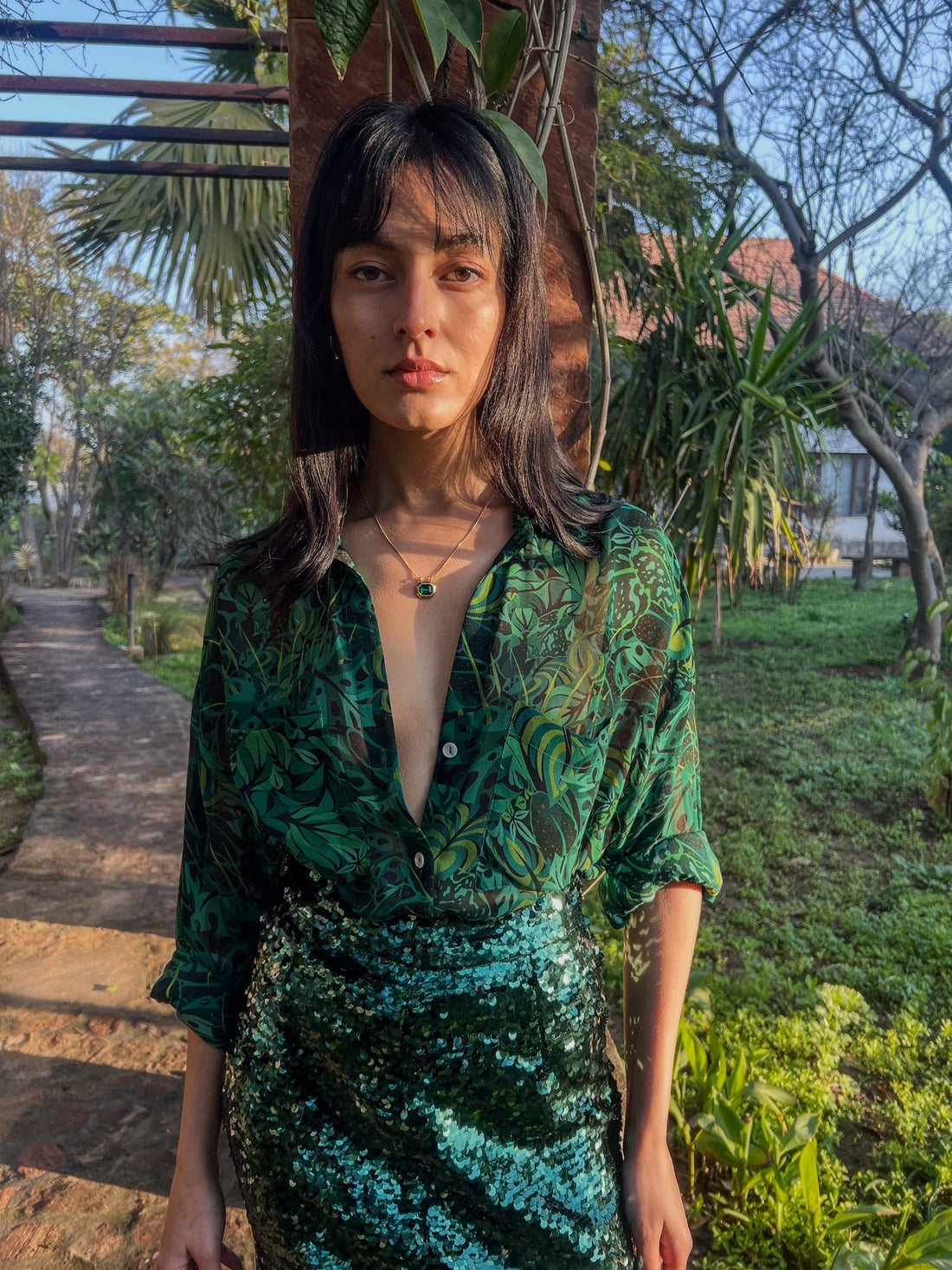 Emerald Jungle Georgette Sheer Shirt