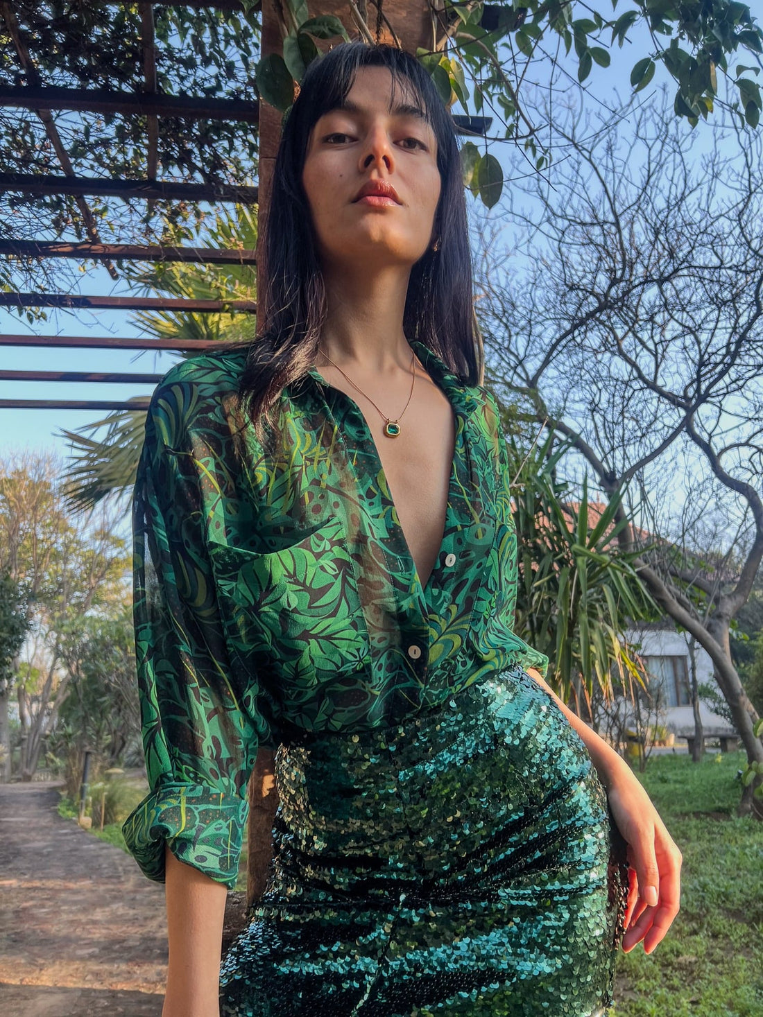 Emerald Jungle Georgette Sheer Shirt