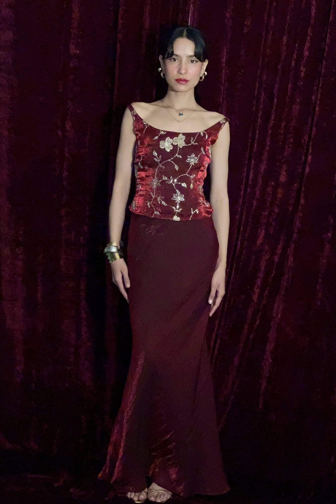 Set of Two Pieces - Gold Embroidered Red Top and Deep Red Long Skirt