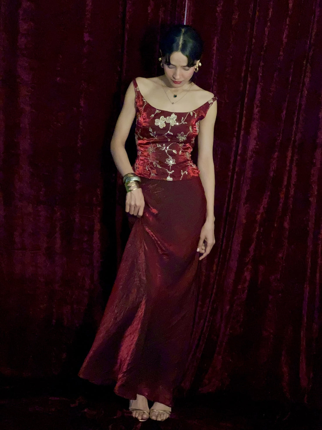 Set of Two Pieces - Gold Embroidered Red Top and Deep Red Long Skirt