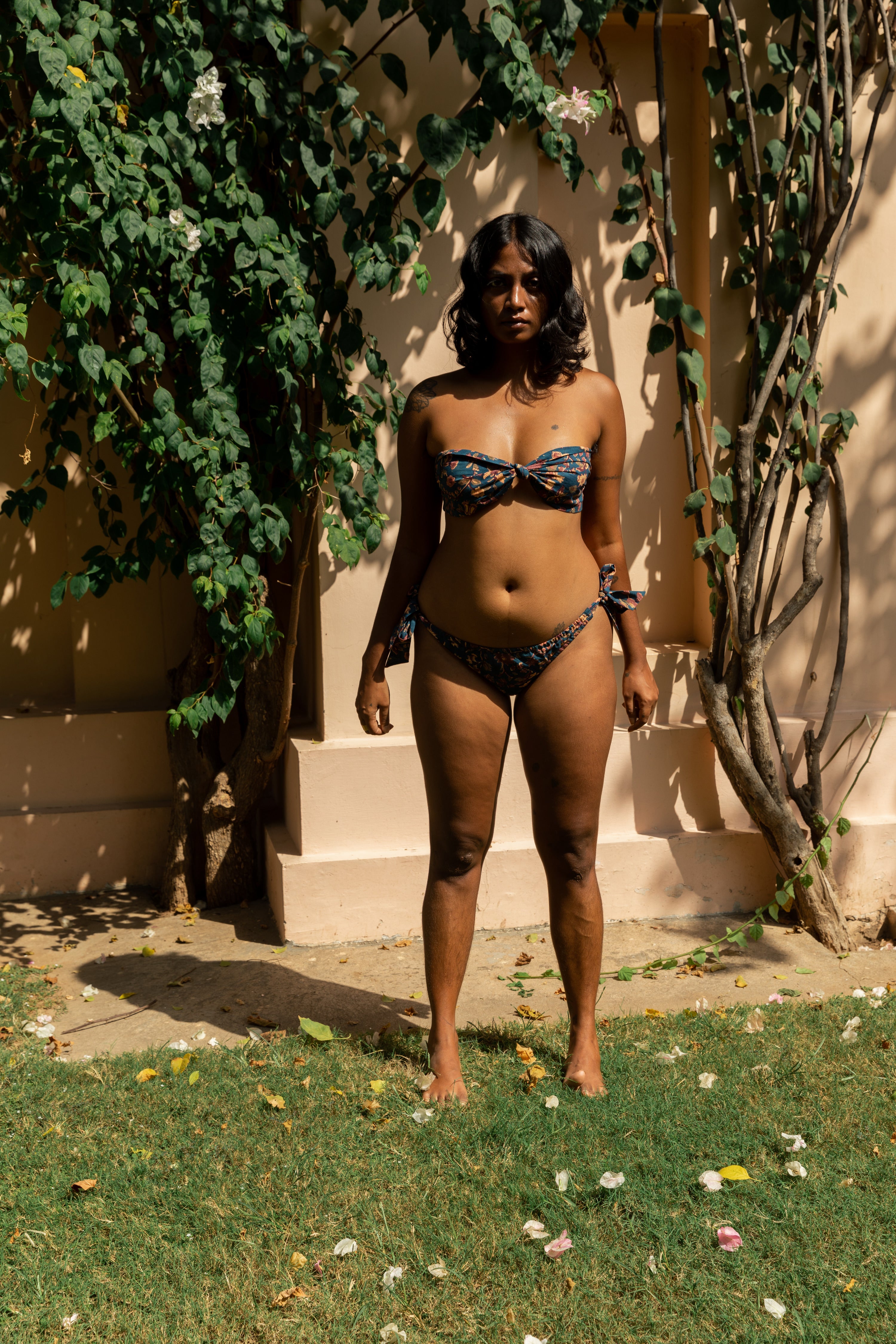 Sunbathing Hand Block Printed Cotton Bandeau Bikini Set - Moss-swimwear-izsi-IZSI