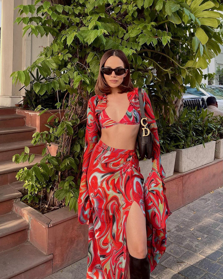 Set of Three Pieces - Cayenne Wave Flamenco Top, Ruched Skirt and String Bikini Top