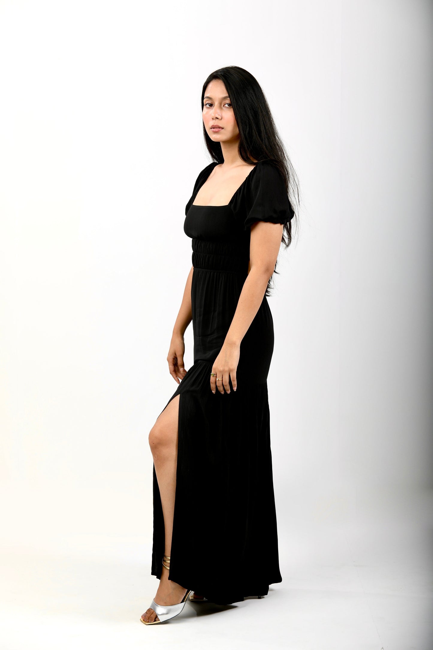 Backless Dress with Front Slit - Black