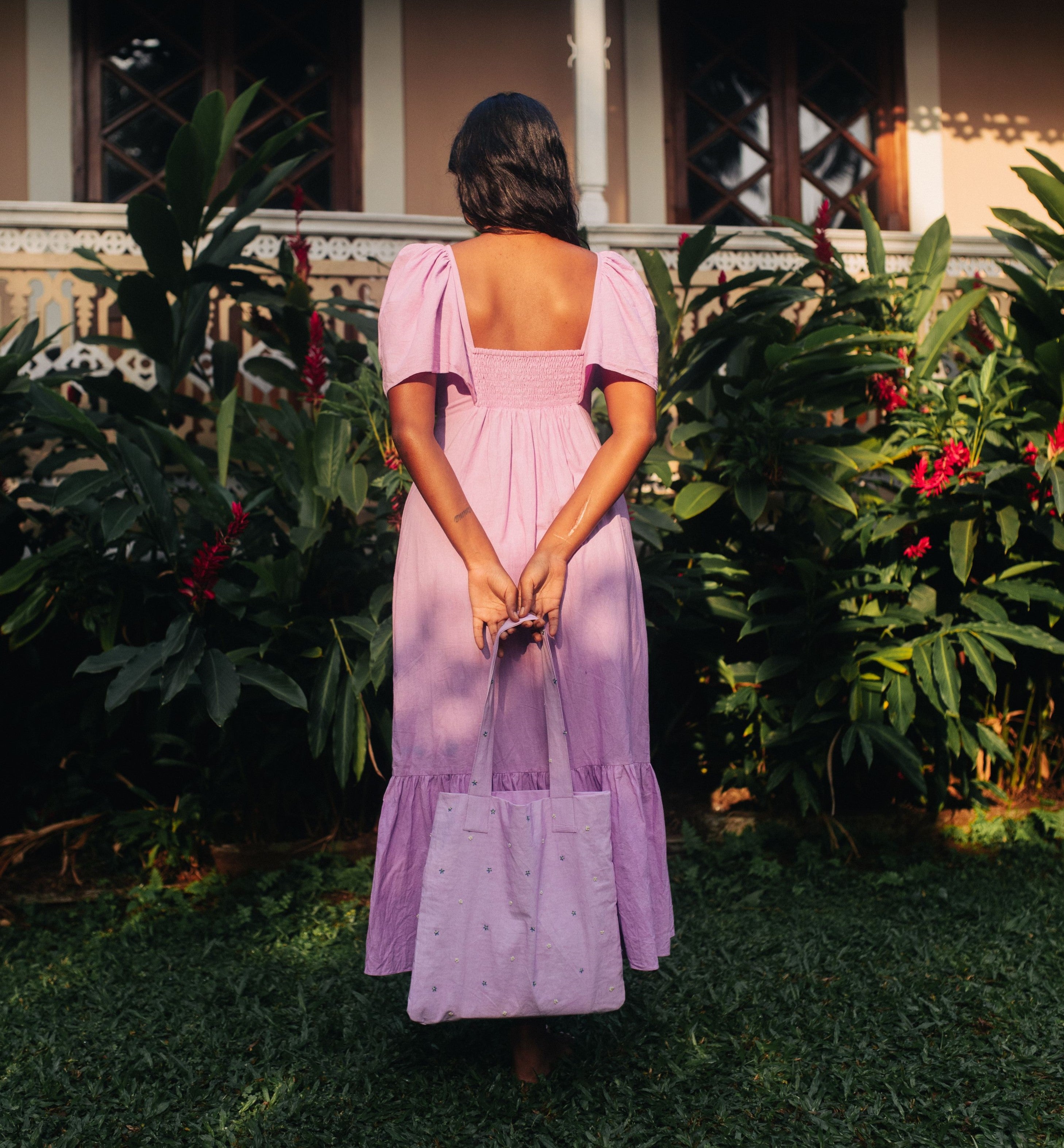 Lavender Hand Embroidered and Shirred Cotton Bell Sleeved Dress