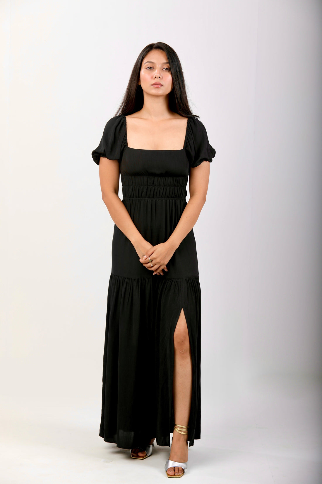 Backless Dress with Front Slit - Black