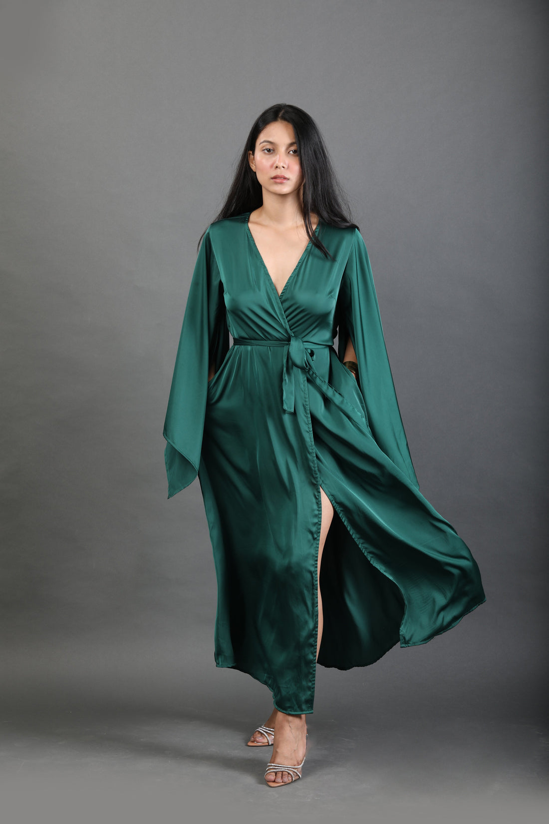 Butterfly Sleeve Wrap around Dress - Emerald Green